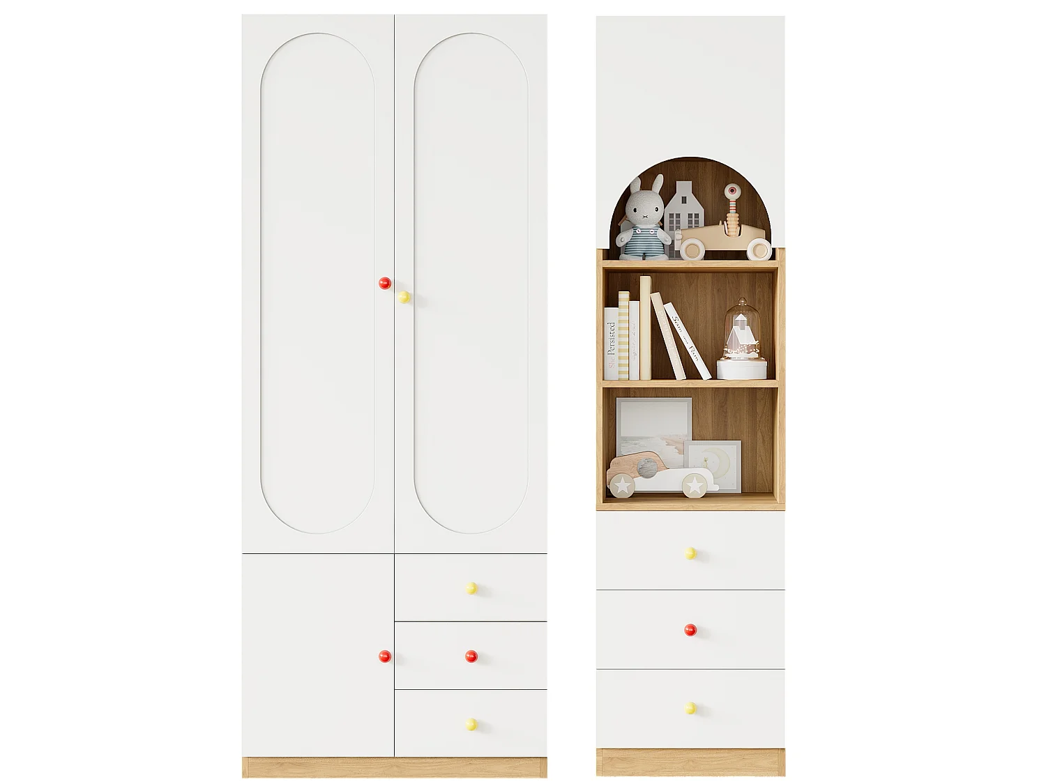 Ensemble meuble enfant avec armoire 3 portes et étagère, penderie, 6 tiroirs - MDF - 130 x 50 x 200 cm - Blanc et bois naturel