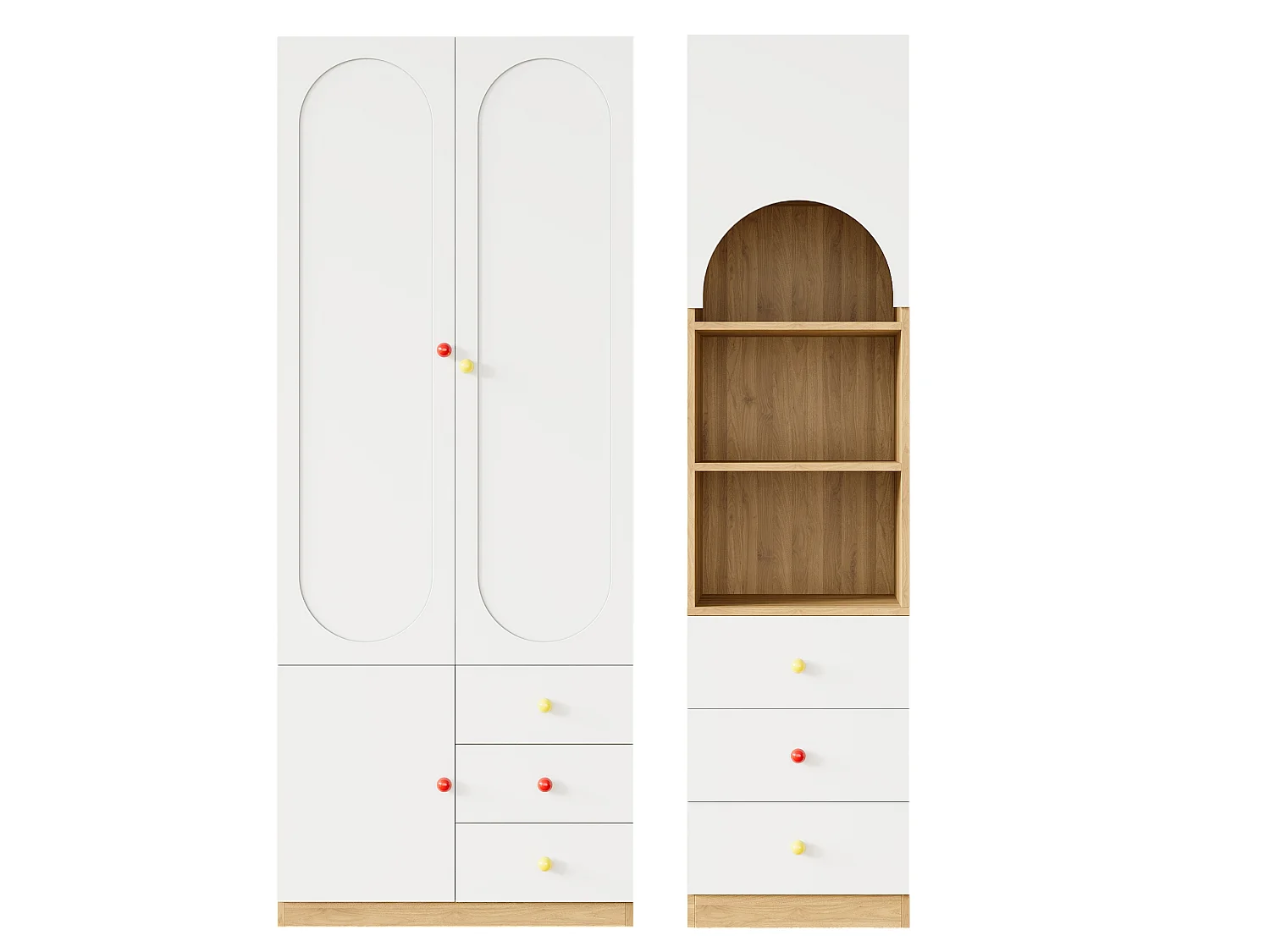 Ensemble meuble enfant avec armoire 3 portes et étagère, penderie, 6 tiroirs - MDF - 130 x 50 x 200 cm - Blanc et bois naturel