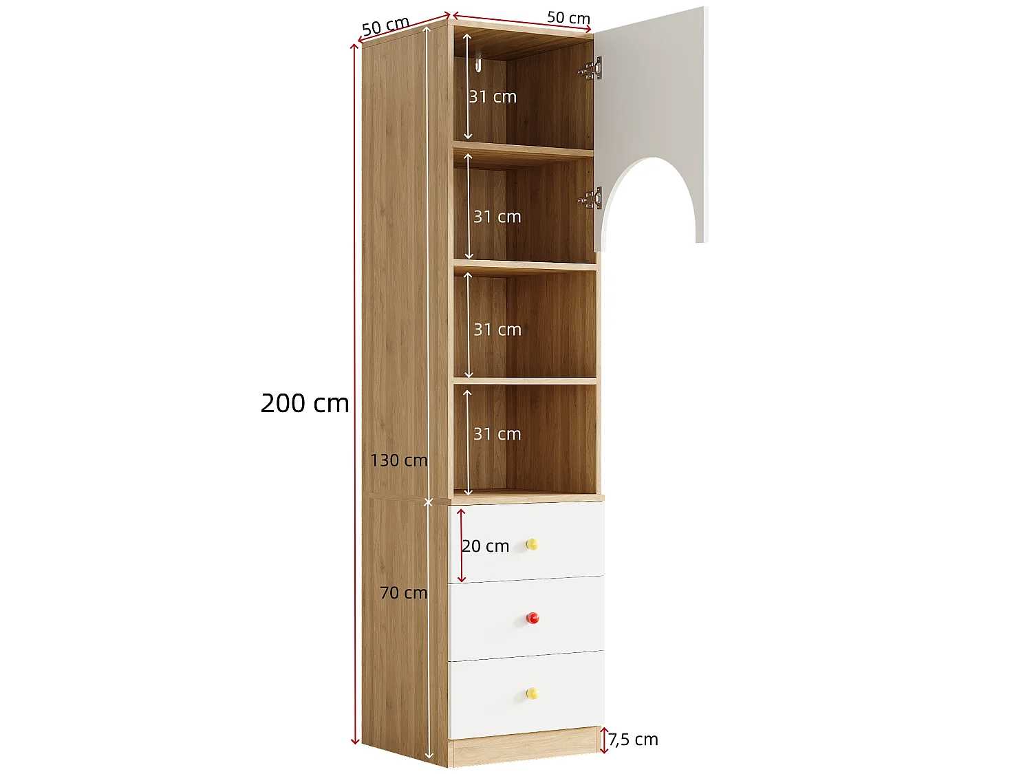 Ensemble meuble enfant avec armoire 3 portes et étagère, penderie, 6 tiroirs - MDF - 130 x 50 x 200 cm - Blanc et bois naturel