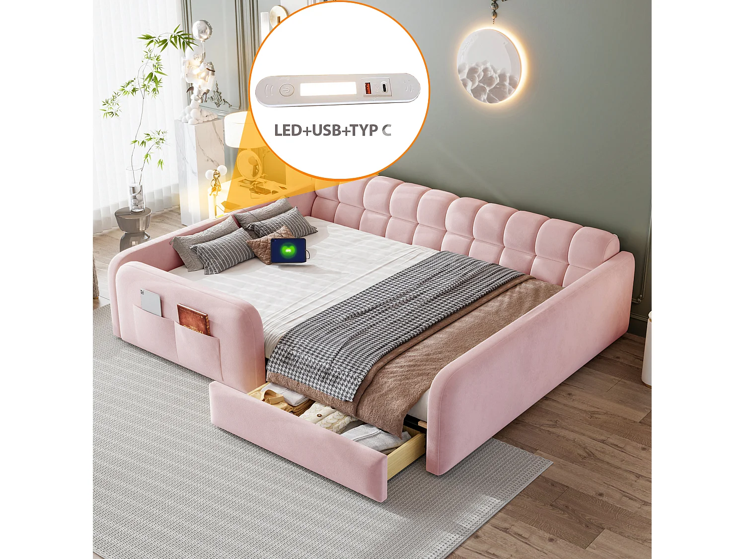 Polstret seng 140 x 200 cm med 1 opbevaringsskuffe, natlampe og USB/USB-C-porte - Fløjl - Pink (madras medfølger ikke)