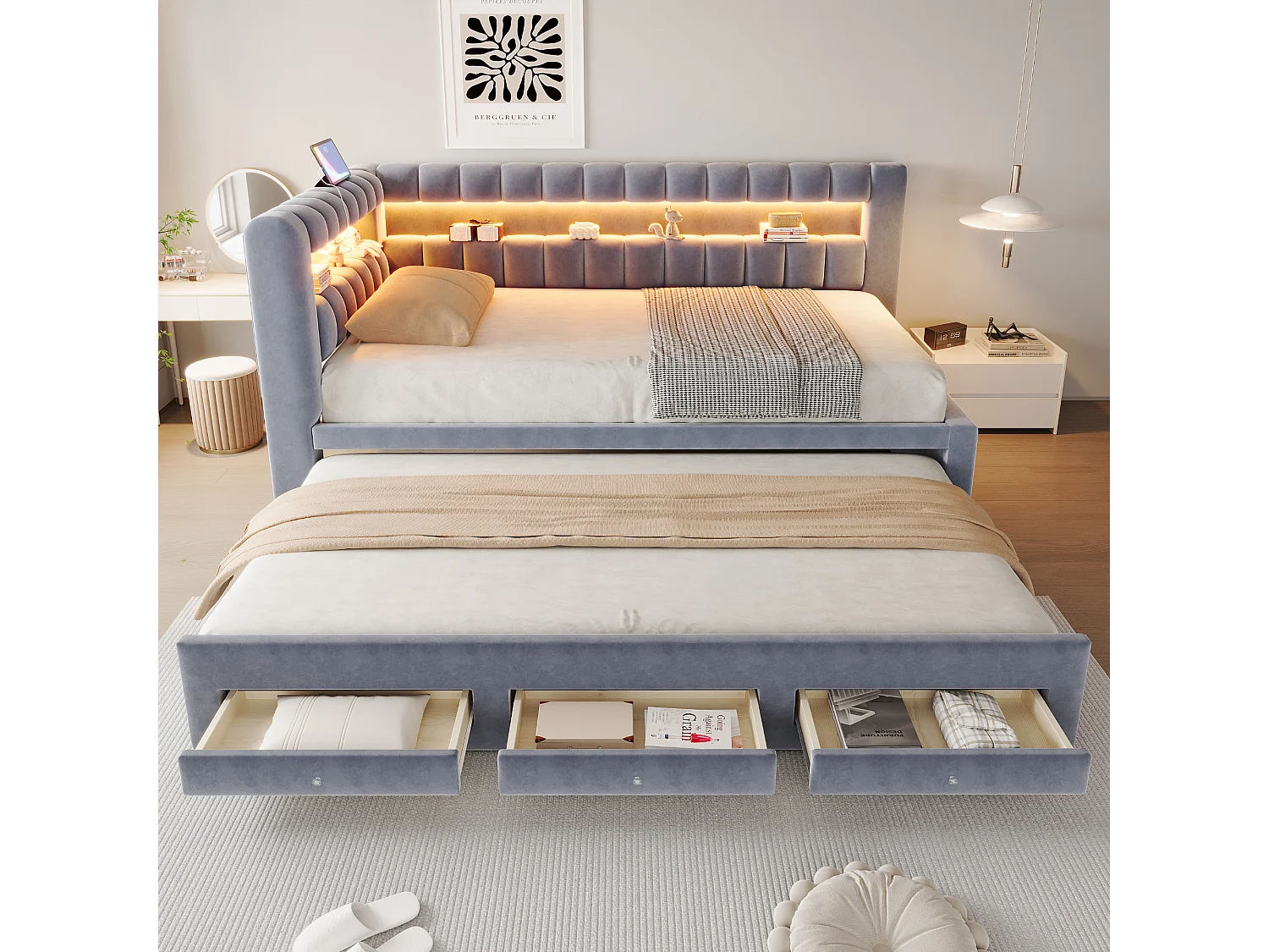 Udtræksseng 90 x 190 cm + 90 x 190 cm med 3 skuffer, hovedgærde med opbevaring, LED og USB/Type-C porte - Fløjl - Mørkegrå (madras medfølger ikke)