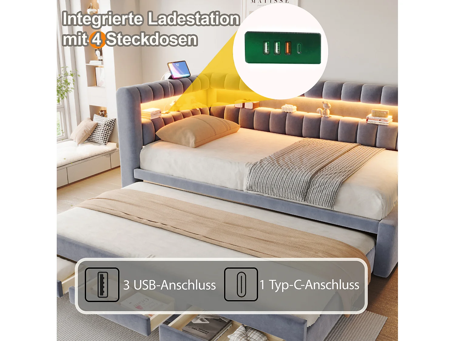 Udtræksseng 90 x 190 cm + 90 x 190 cm med 3 skuffer, hovedgærde med opbevaring, LED og USB/Type-C porte - Fløjl - Mørkegrå (madras medfølger ikke)