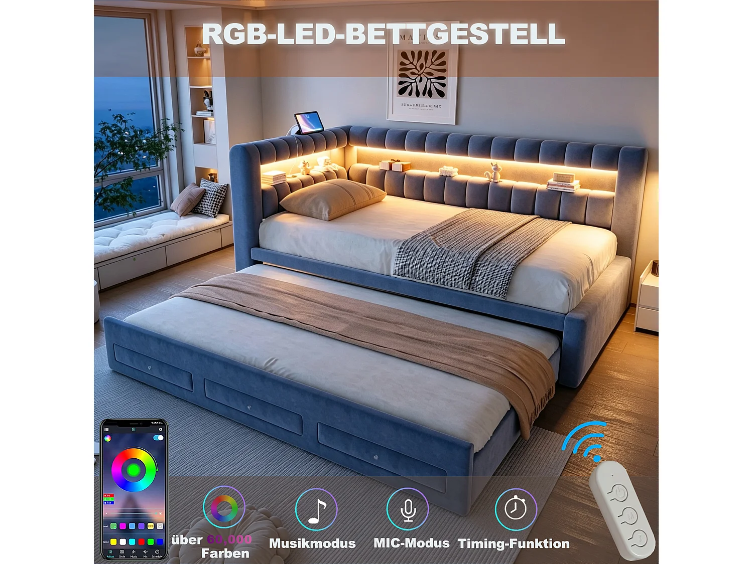 Udtræksseng 90 x 190 cm + 90 x 190 cm med 3 skuffer, hovedgærde med opbevaring, LED og USB/Type-C porte - Fløjl - Mørkegrå (madras medfølger ikke)