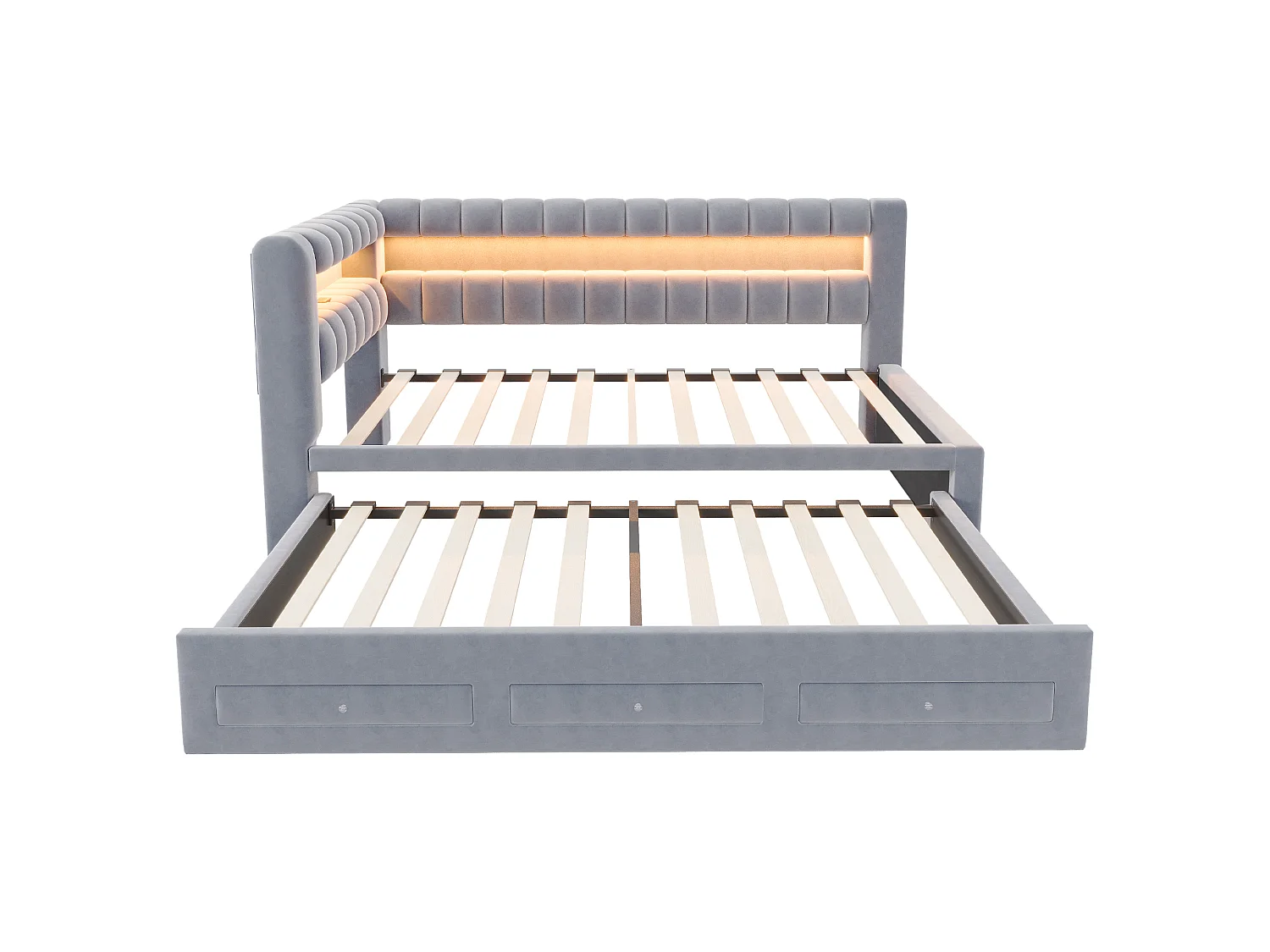 Udtræksseng 90 x 190 cm + 90 x 190 cm med 3 skuffer, hovedgærde med opbevaring, LED og USB/Type-C porte - Fløjl - Mørkegrå (madras medfølger ikke)
