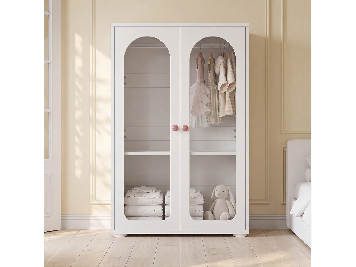 Kinderschrank (2-türig) mit Kleiderstange, verstellbaren Einlegeböden und Acryltüren – Acryl und MDF – 80 x 50 x 120 cm – Weiß