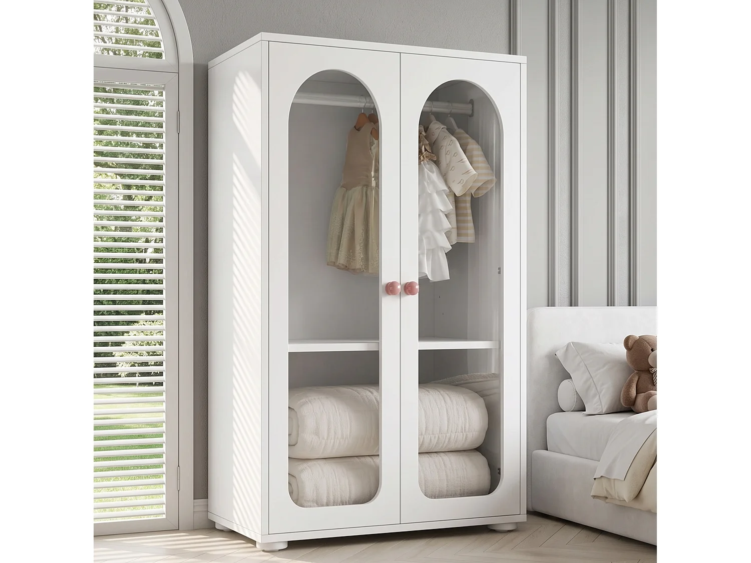 Kinderschrank (2-türig) mit Kleiderstange, verstellbaren Einlegeböden und Acryltüren – Acryl und MDF – 80 x 50 x 120 cm – Weiß
