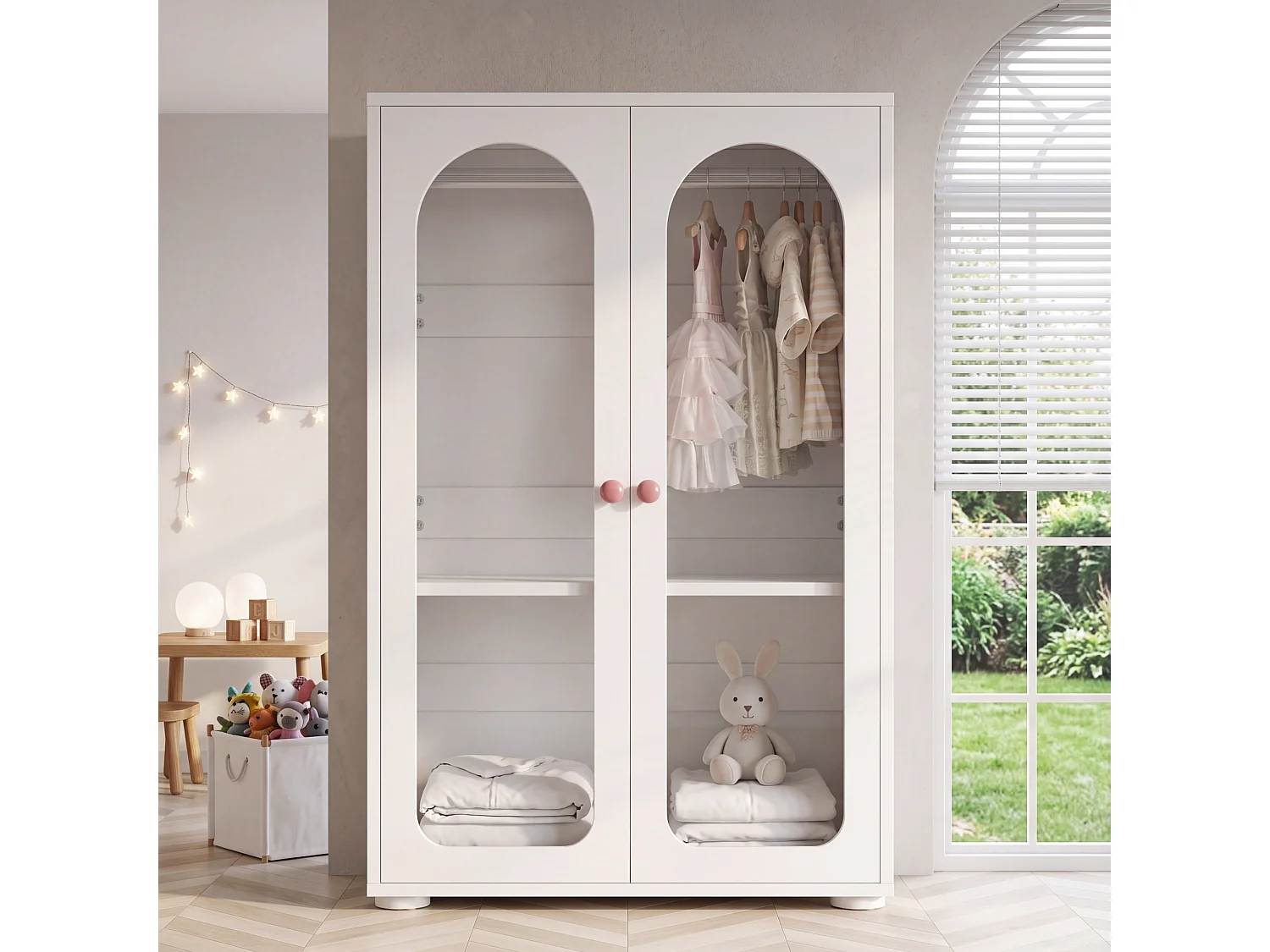 Kinderschrank (2-türig) mit Kleiderstange, verstellbaren Einlegeböden und Acryltüren – Acryl und MDF – 80 x 50 x 120 cm – Weiß