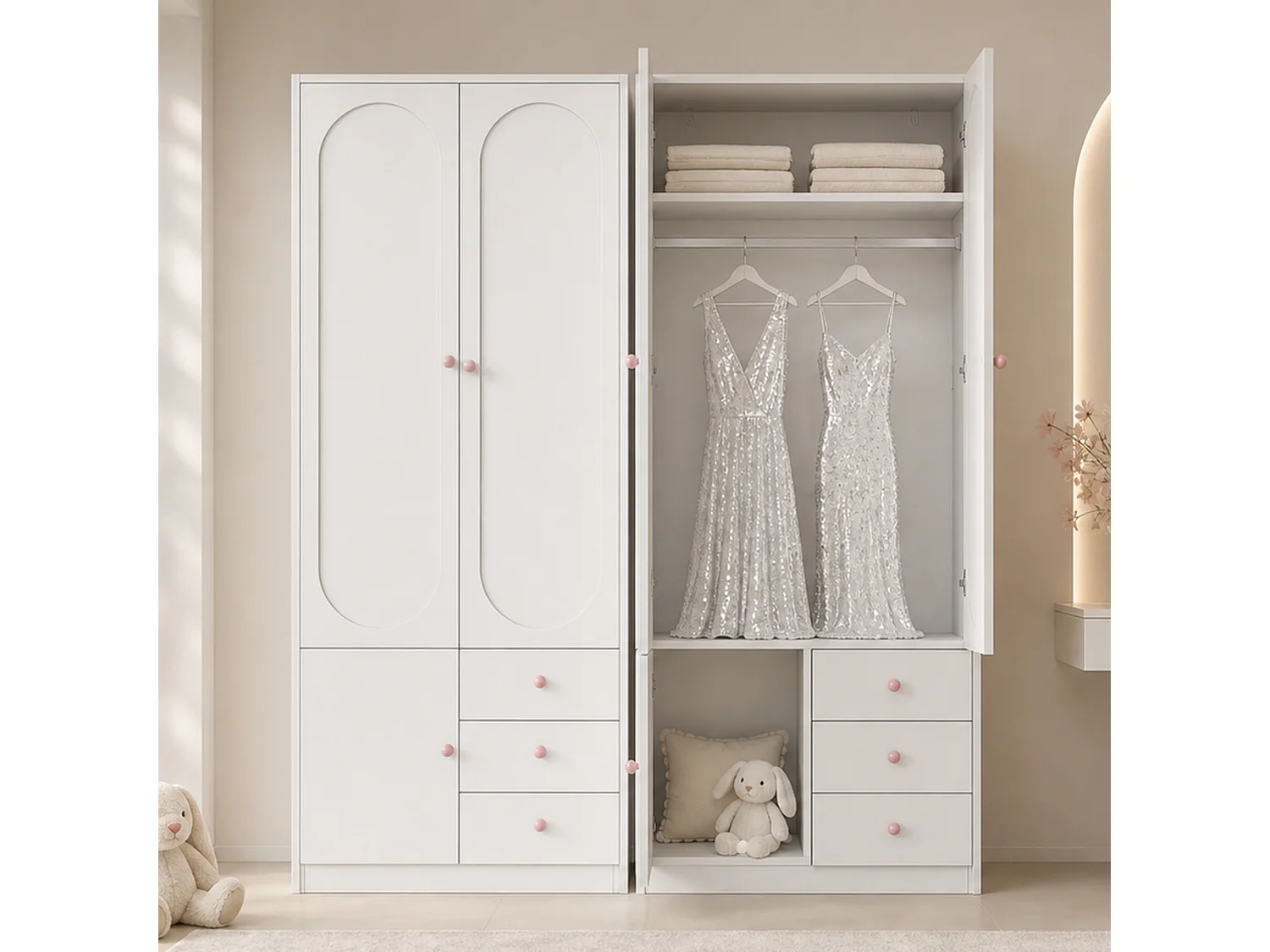 Lot de 2 Armoires enfant 3 portes avec penderie, étagères et 3 tiroirs - MDF - 80 x 50 x 200 cm - Blanc