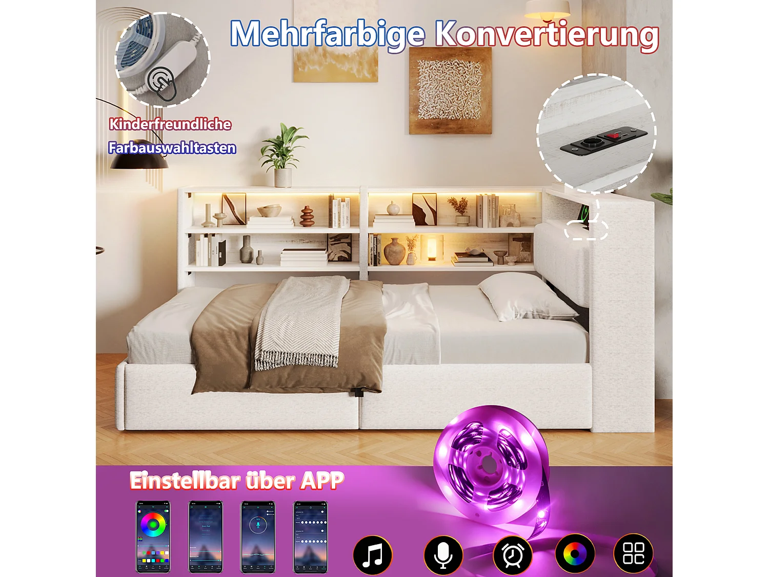 90 x 200 cm seng med opbevaringsbænk, modulært natbord, LED-belysning, USB-A og USB-C porte – Fløjl og MDF – Hvid (Madras medfølger ikke)