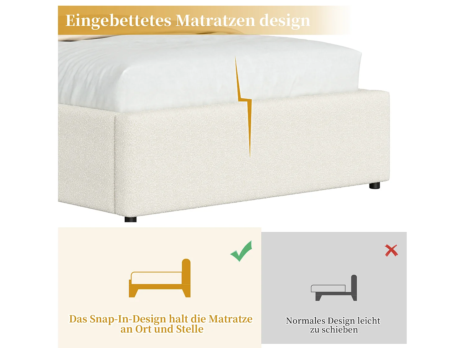 90 x 200 cm Stauraumbett mit hydraulischer Staufunktion und LED-Beleuchtung - Bouclé - Weiß (Matratze nicht im Lieferumfang enthalten)