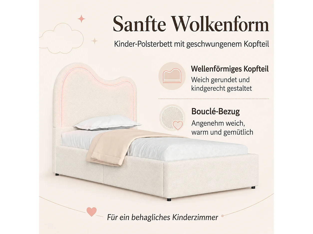 90 x 200 cm Stauraumbett mit hydraulischer Staufunktion und LED-Beleuchtung - Bouclé - Weiß (Matratze nicht im Lieferumfang enthalten)