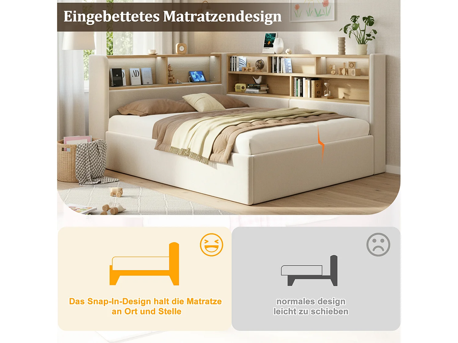 140 x 200 cm Stauraumbett mit hydraulischer Staufunktion, Fächern, LED-Beleuchtung und USB-Anschlüssen - Samt - Beige (Matratze nicht im Lieferumfang enthalten)