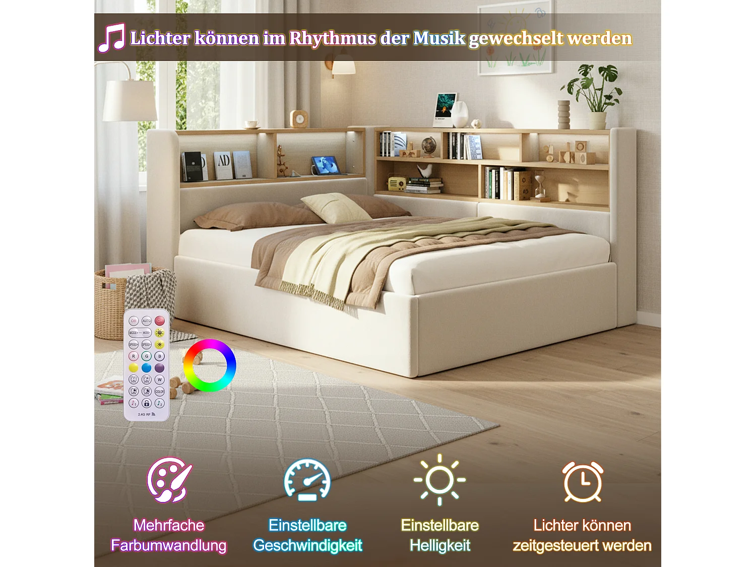 140 x 200 cm Stauraumbett mit hydraulischer Staufunktion, Fächern, LED-Beleuchtung und USB-Anschlüssen - Samt - Beige (Matratze nicht im Lieferumfang enthalten)