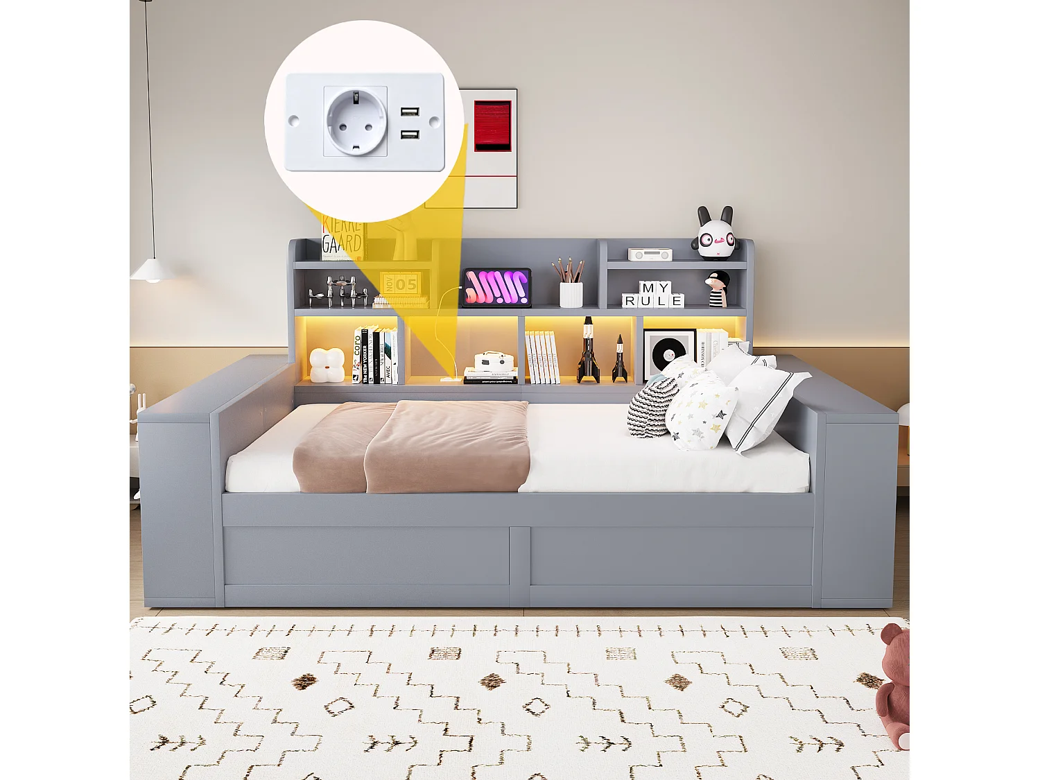 90 x 200 cm Stauraumbett mit Fächern, LED-Beleuchtung und Steckdosen - Sperrholz und MDF - Grau (Matratze nicht im Lieferumfang enthalten)