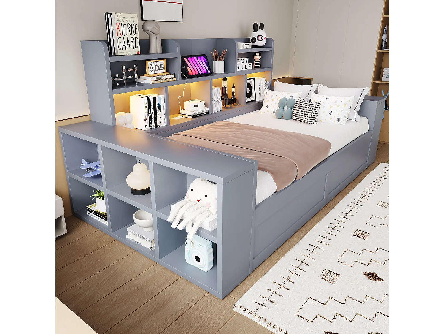90 x 200 cm Stauraumbett mit Fächern, LED-Beleuchtung und Steckdosen - Sperrholz und MDF - Grau (Matratze nicht im Lieferumfang enthalten)