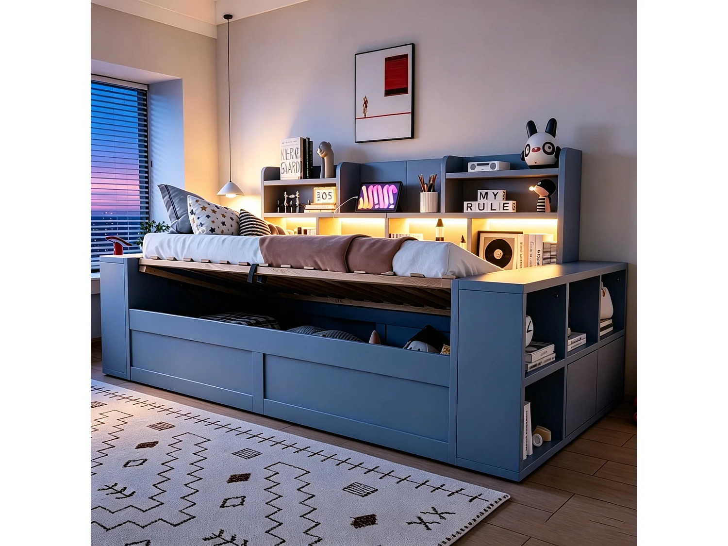 90 x 200 cm Stauraumbett mit Fächern, LED-Beleuchtung und Steckdosen - Sperrholz und MDF - Grau (Matratze nicht im Lieferumfang enthalten)