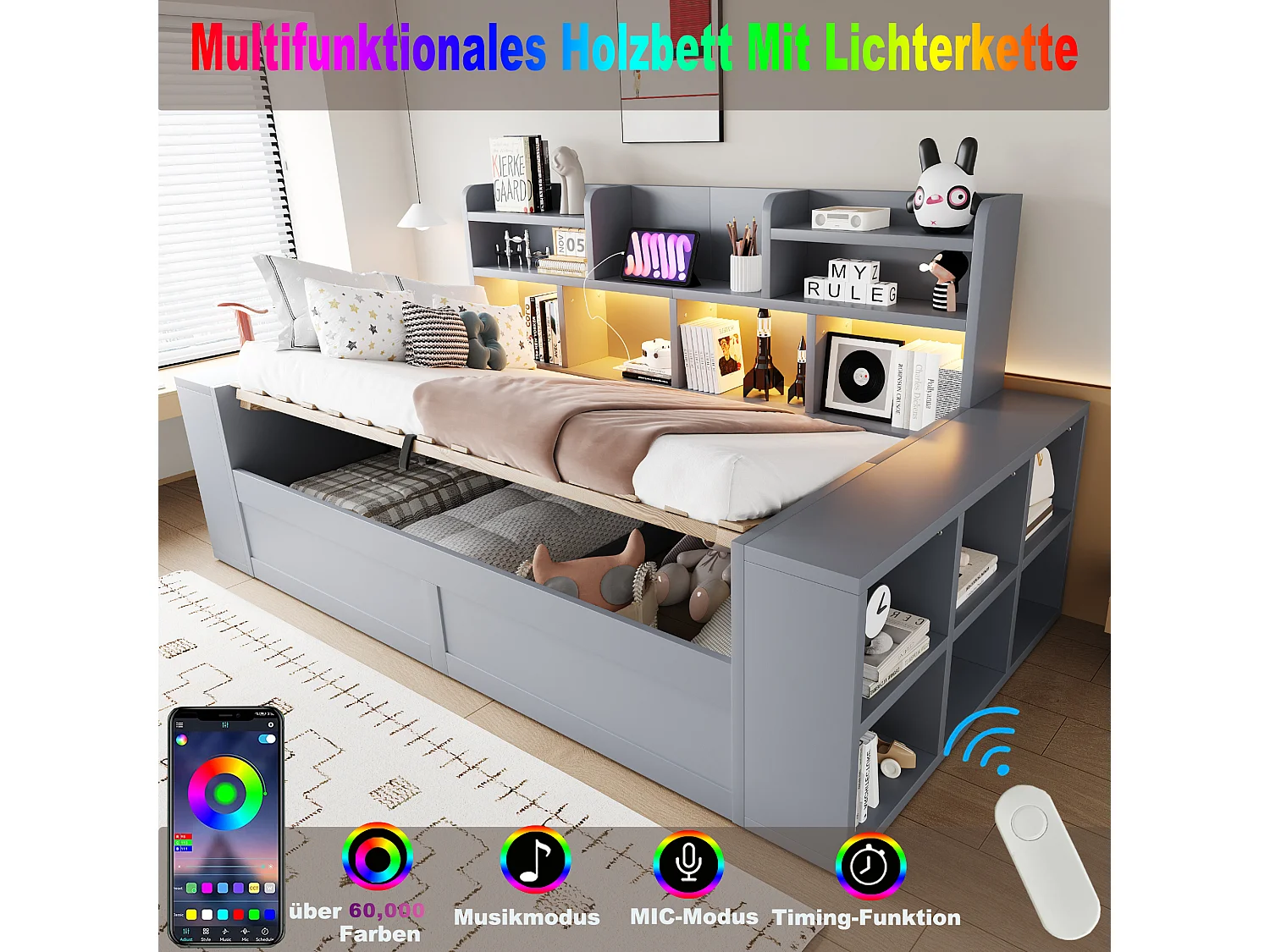 90 x 200 cm Stauraumbett mit Fächern, LED-Beleuchtung und Steckdosen - Sperrholz und MDF - Grau (Matratze nicht im Lieferumfang enthalten)