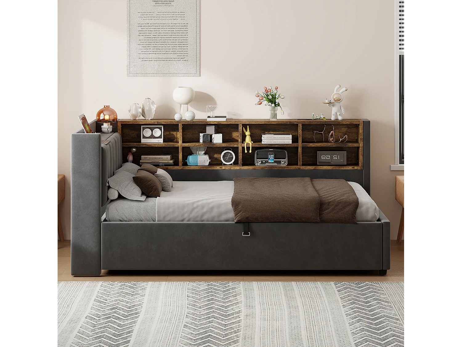 90 x 200 cm Stauraumbett mit Kopfteil, LED-Beleuchtung und USB-/Type-C-Anschlüssen - Samt - Dunkelgrau (Matratze nicht im Lieferumfang enthalten)
