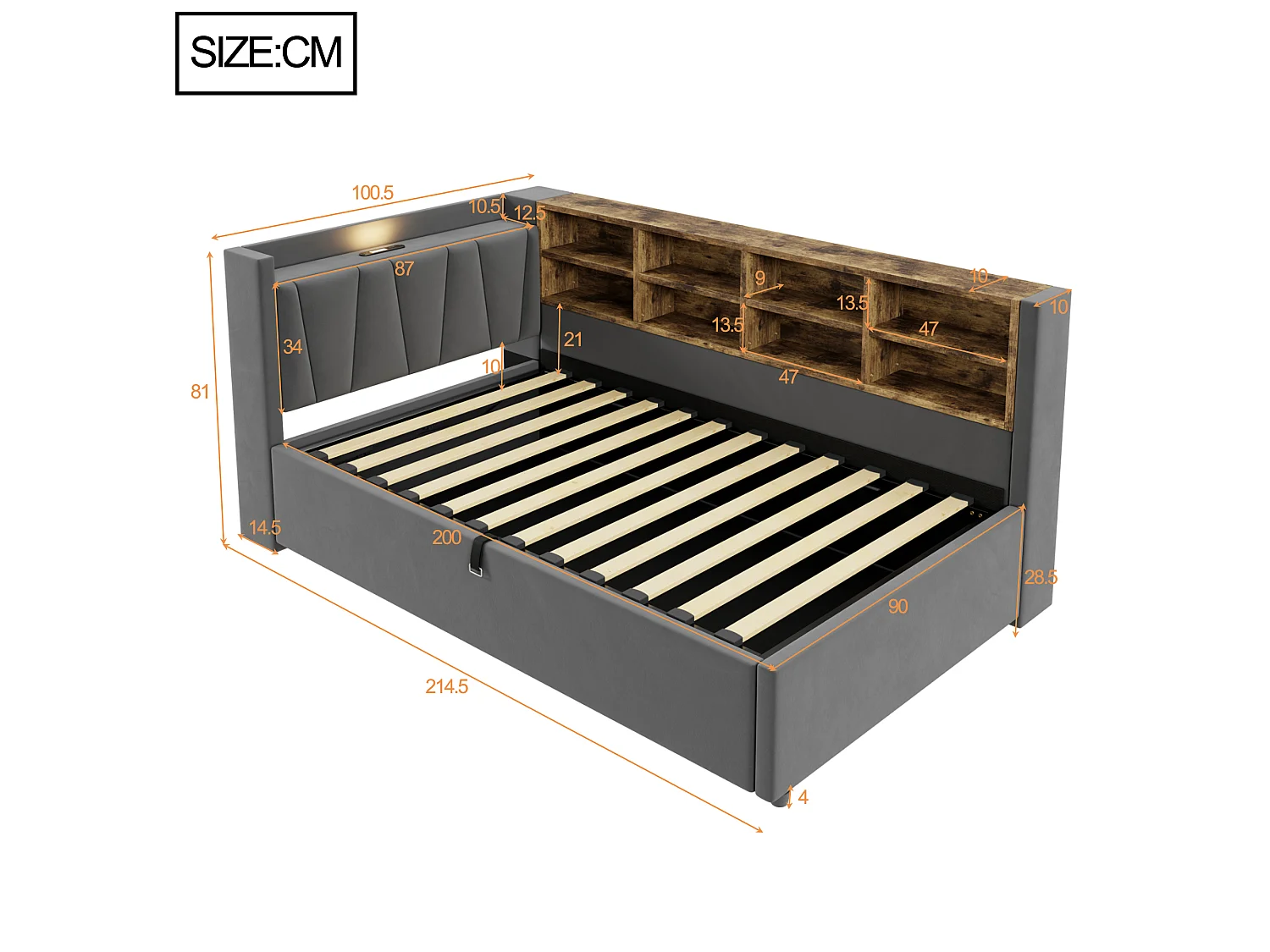 90 x 200 cm Stauraumbett mit Kopfteil, LED-Beleuchtung und USB-/Type-C-Anschlüssen - Samt - Dunkelgrau (Matratze nicht im Lieferumfang enthalten)