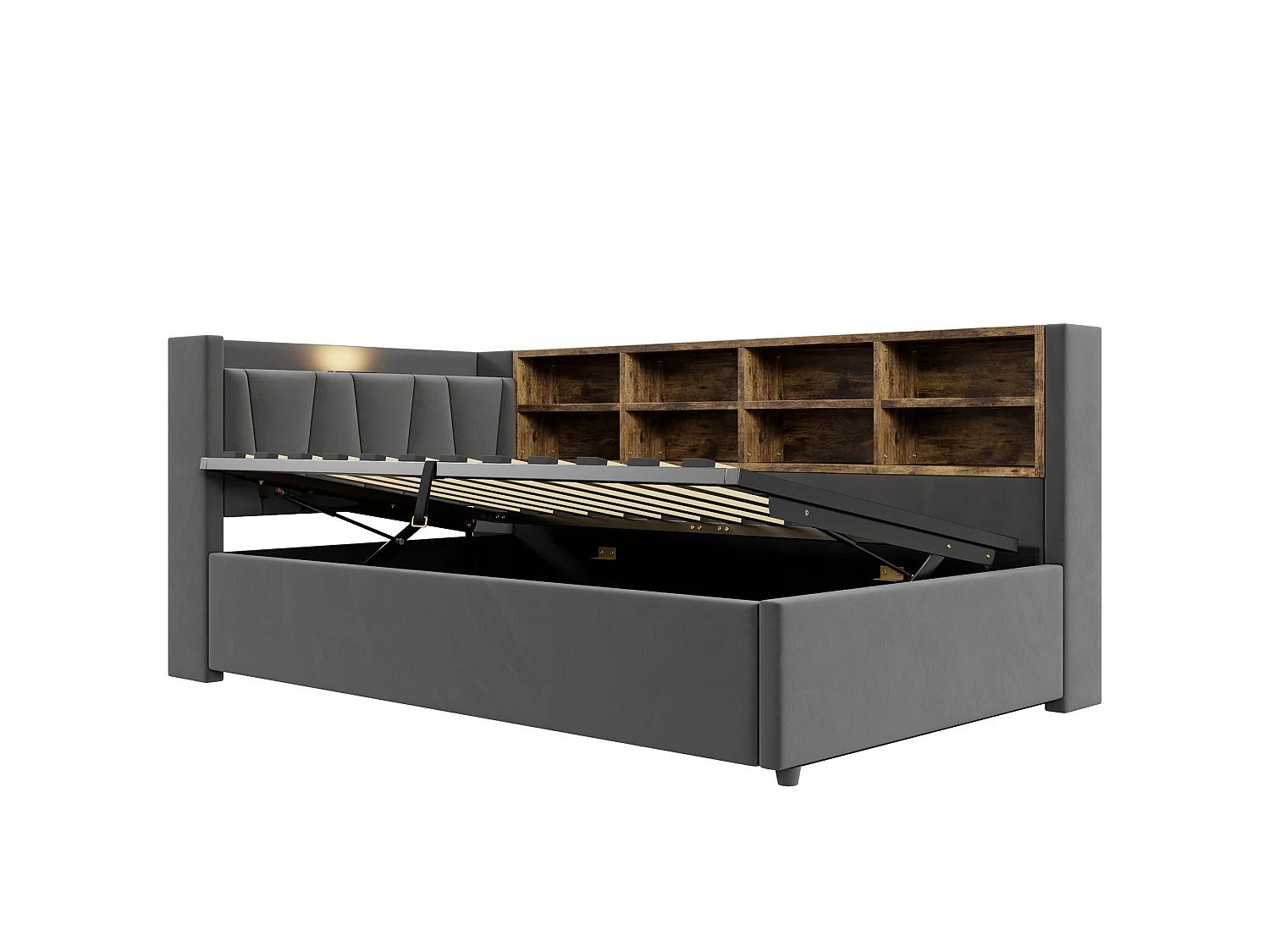 90 x 200 cm Stauraumbett mit Kopfteil, LED-Beleuchtung und USB-/Type-C-Anschlüssen - Samt - Dunkelgrau (Matratze nicht im Lieferumfang enthalten)