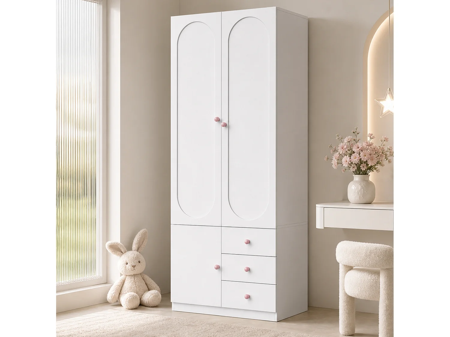 Armoire enfant 3 portes avec penderie, étagères et 3 tiroirs - MDF - 80 x 50 x 200 cm - Blanc