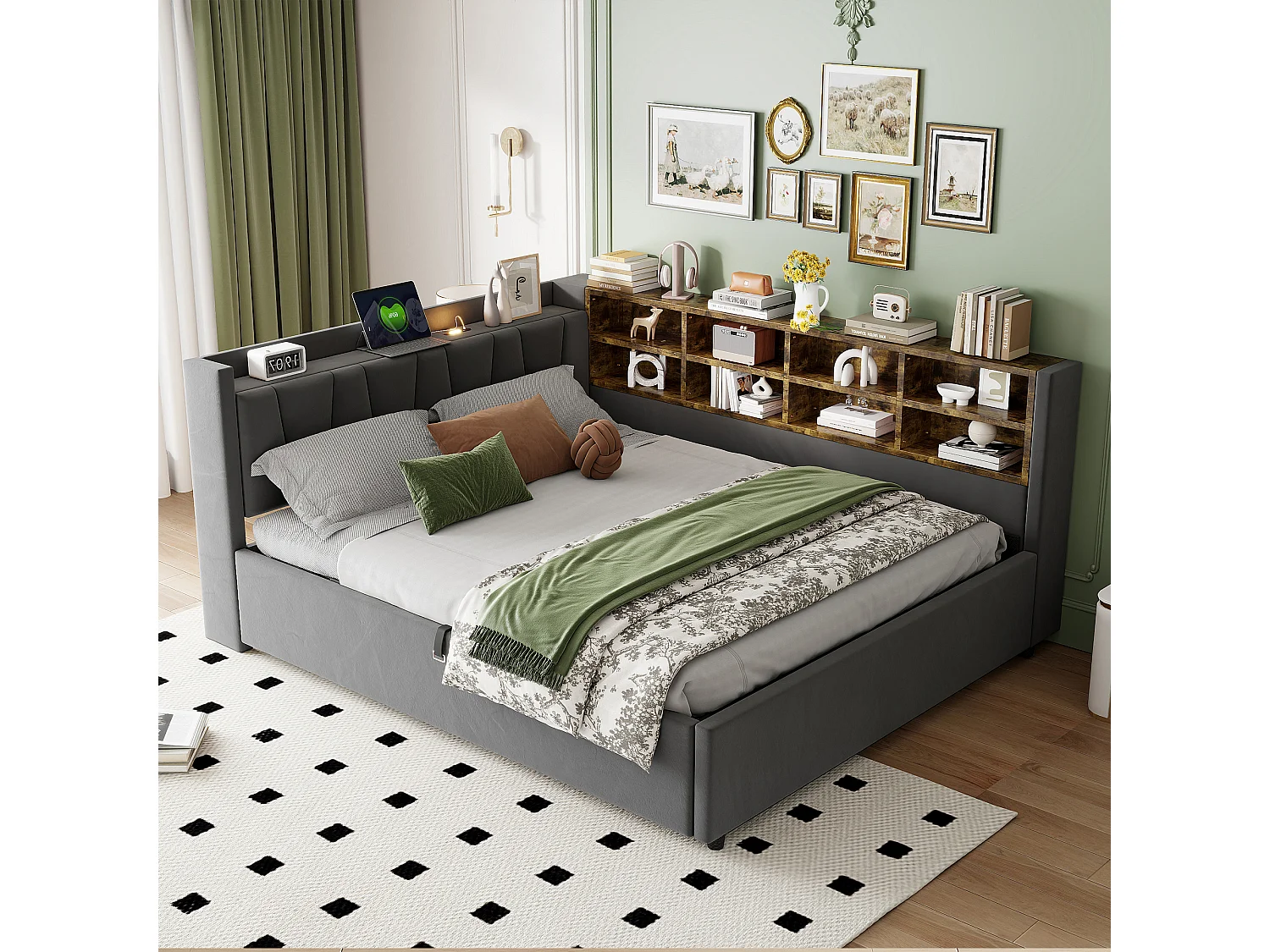 140 x 200 cm Bett mit Stauraum, Kopfteil, LED-Beleuchtung und USB/USB-C-Anschlüssen - Samt - Dunkelgrau (Matratze nicht im Lieferumfang enthalten)