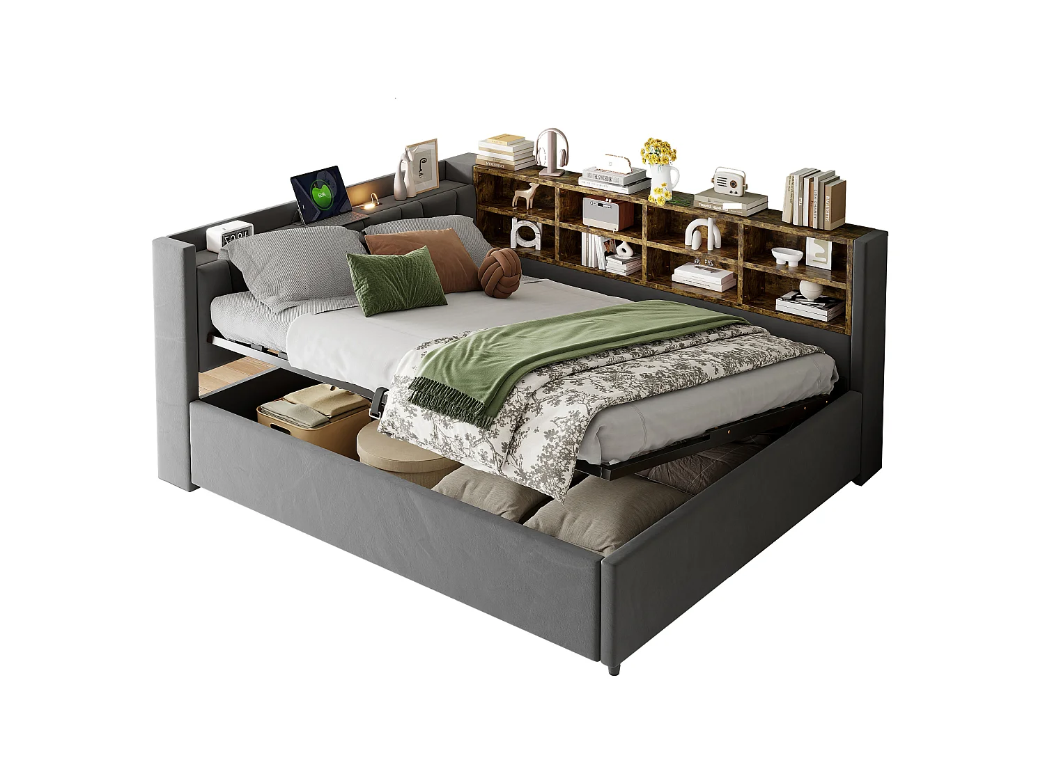 140 x 200 cm Bett mit Stauraum, Kopfteil, LED-Beleuchtung und USB/USB-C-Anschlüssen - Samt - Dunkelgrau (Matratze nicht im Lieferumfang enthalten)