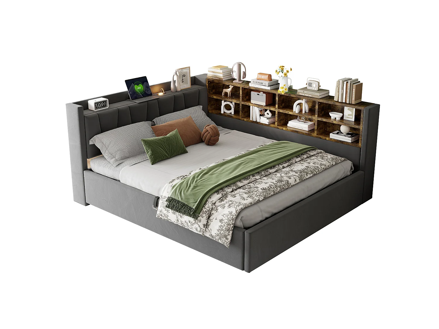 140 x 200 cm Bett mit Stauraum, Kopfteil, LED-Beleuchtung und USB/USB-C-Anschlüssen - Samt - Dunkelgrau (Matratze nicht im Lieferumfang enthalten)