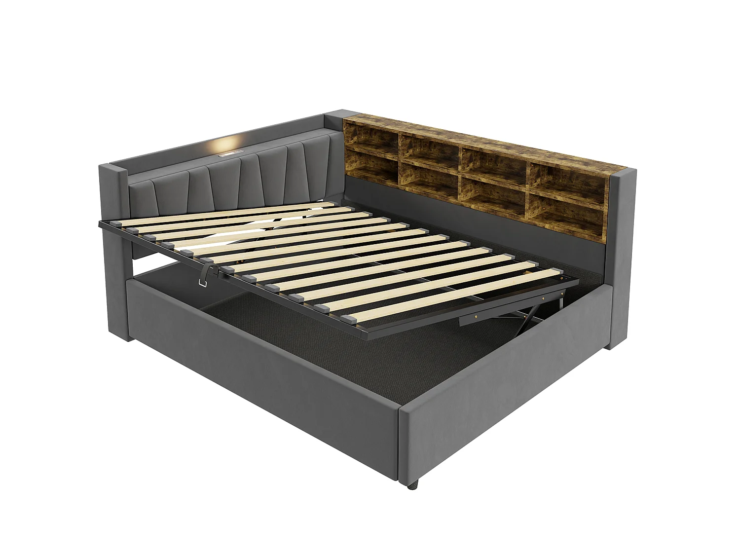 140 x 200 cm Bett mit Stauraum, Kopfteil, LED-Beleuchtung und USB/USB-C-Anschlüssen - Samt - Dunkelgrau (Matratze nicht im Lieferumfang enthalten)