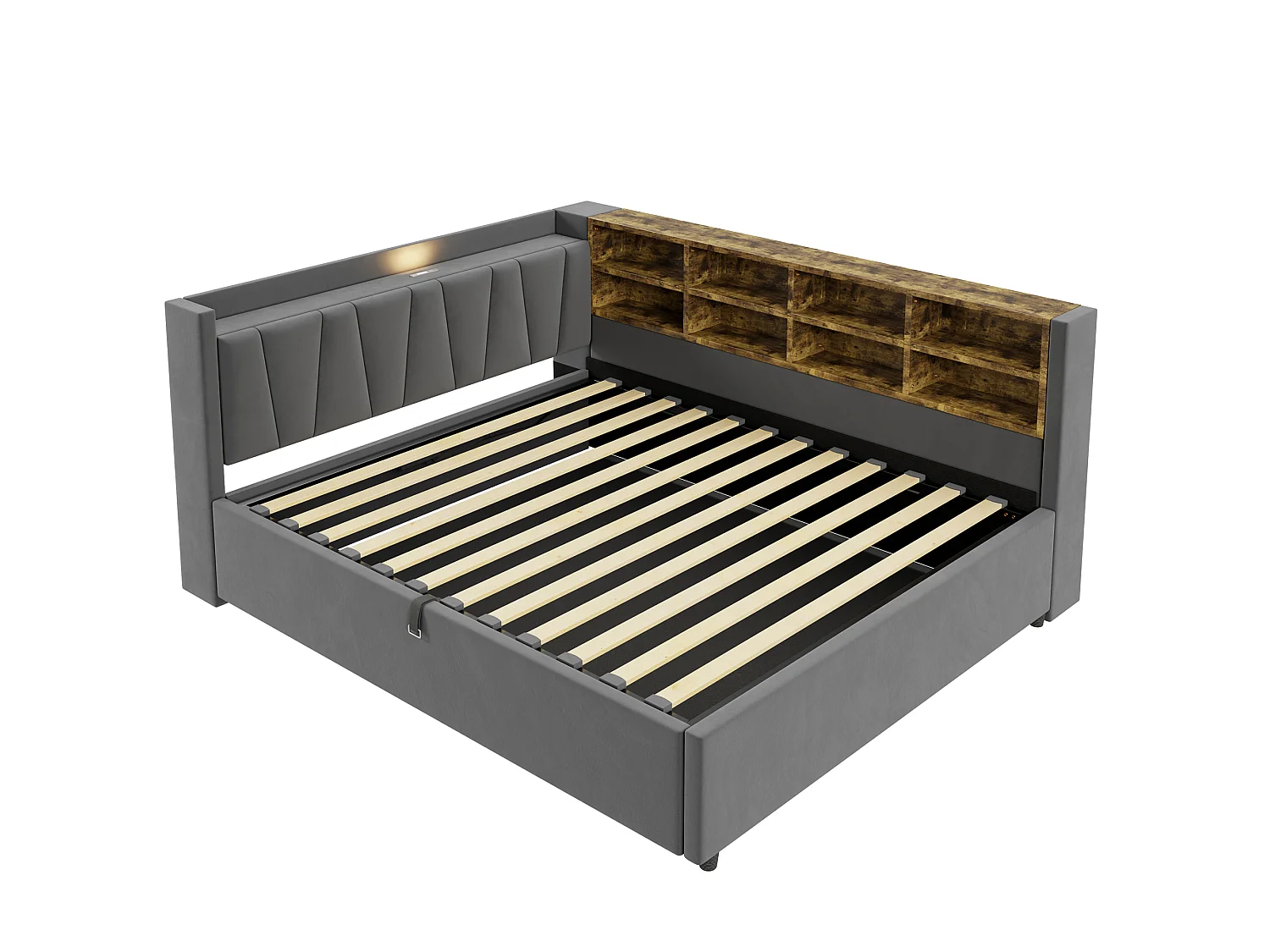 140 x 200 cm Bett mit Stauraum, Kopfteil, LED-Beleuchtung und USB/USB-C-Anschlüssen - Samt - Dunkelgrau (Matratze nicht im Lieferumfang enthalten)