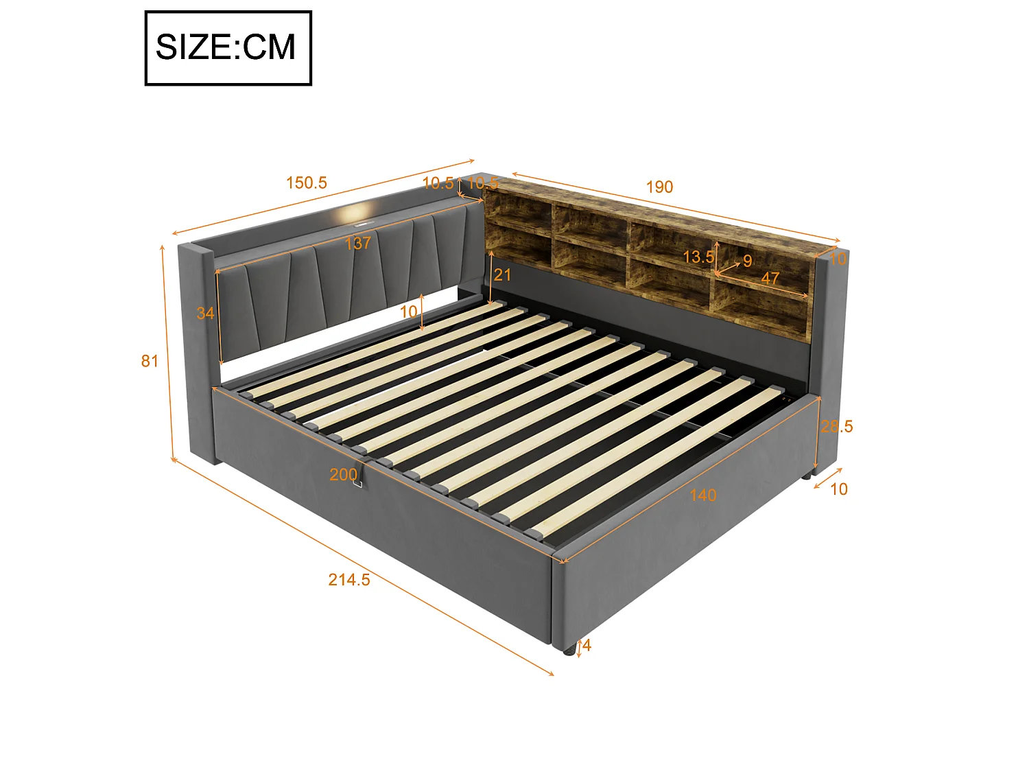 140 x 200 cm Bett mit Stauraum, Kopfteil, LED-Beleuchtung und USB/USB-C-Anschlüssen - Samt - Dunkelgrau (Matratze nicht im Lieferumfang enthalten)
