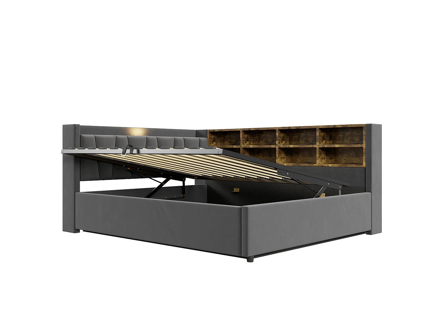 140 x 200 cm Bett mit Stauraum, Kopfteil, LED-Beleuchtung und USB/USB-C-Anschlüssen - Samt - Dunkelgrau (Matratze nicht im Lieferumfang enthalten)