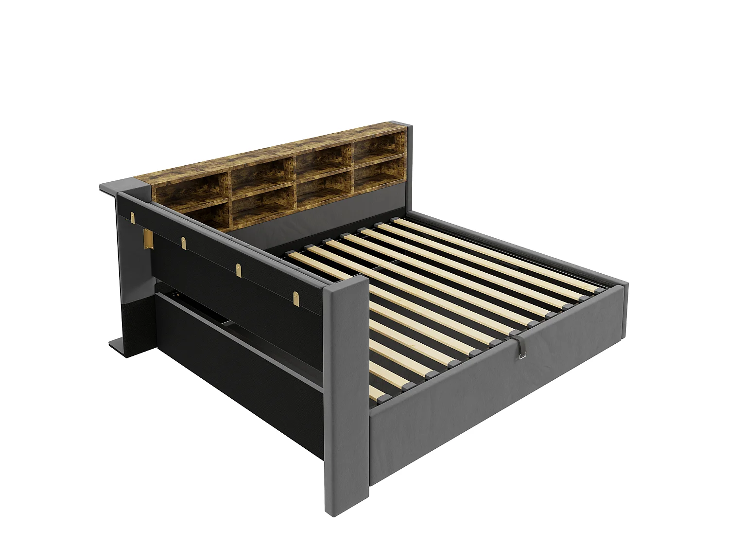 140 x 200 cm Bett mit Stauraum, Kopfteil, LED-Beleuchtung und USB/USB-C-Anschlüssen - Samt - Dunkelgrau (Matratze nicht im Lieferumfang enthalten)