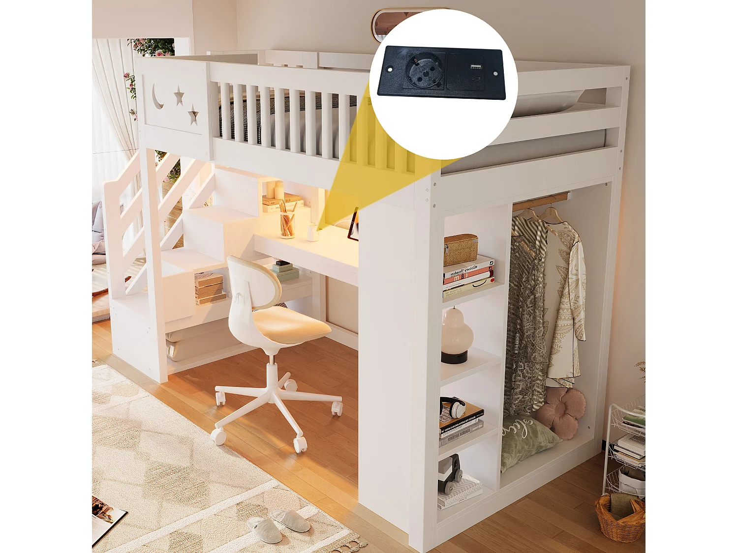 Loft bed 90 x 200 cm with desk, storage, stairs and LED lighting - Pine, plywood and MDF - White (mattress not included)