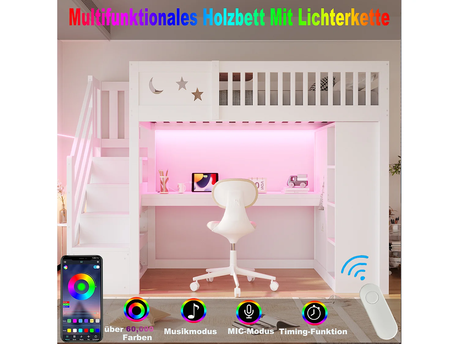 Loft bed 90 x 200 cm with desk, storage, stairs and LED lighting - Pine, plywood and MDF - White (mattress not included)