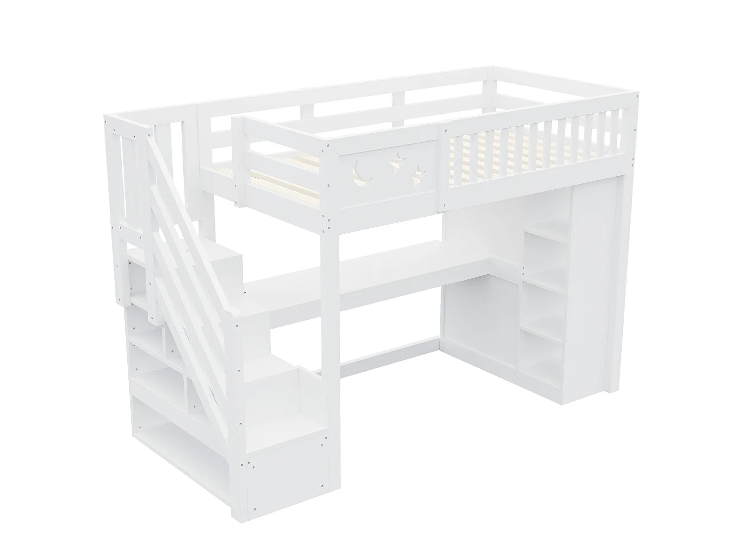 Loft bed 90 x 200 cm with desk, storage, stairs and LED lighting - Pine, plywood and MDF - White (mattress not included)