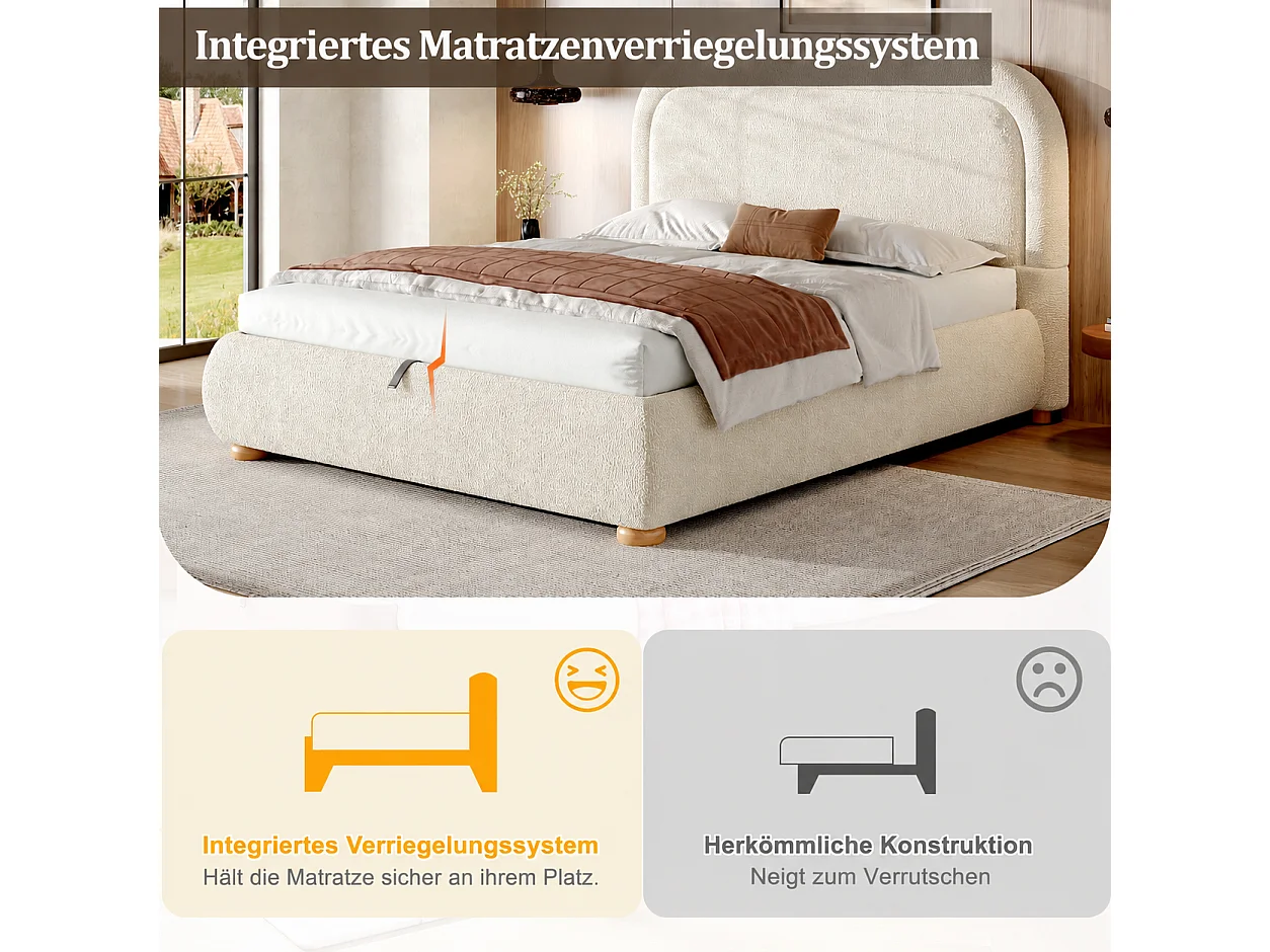 140 x 200 cm Stauraumbett mit hydraulischem Stauraum und abgerundetem Kopfteil - Bouclé - Beige (Matratze nicht im Lieferumfang enthalten)