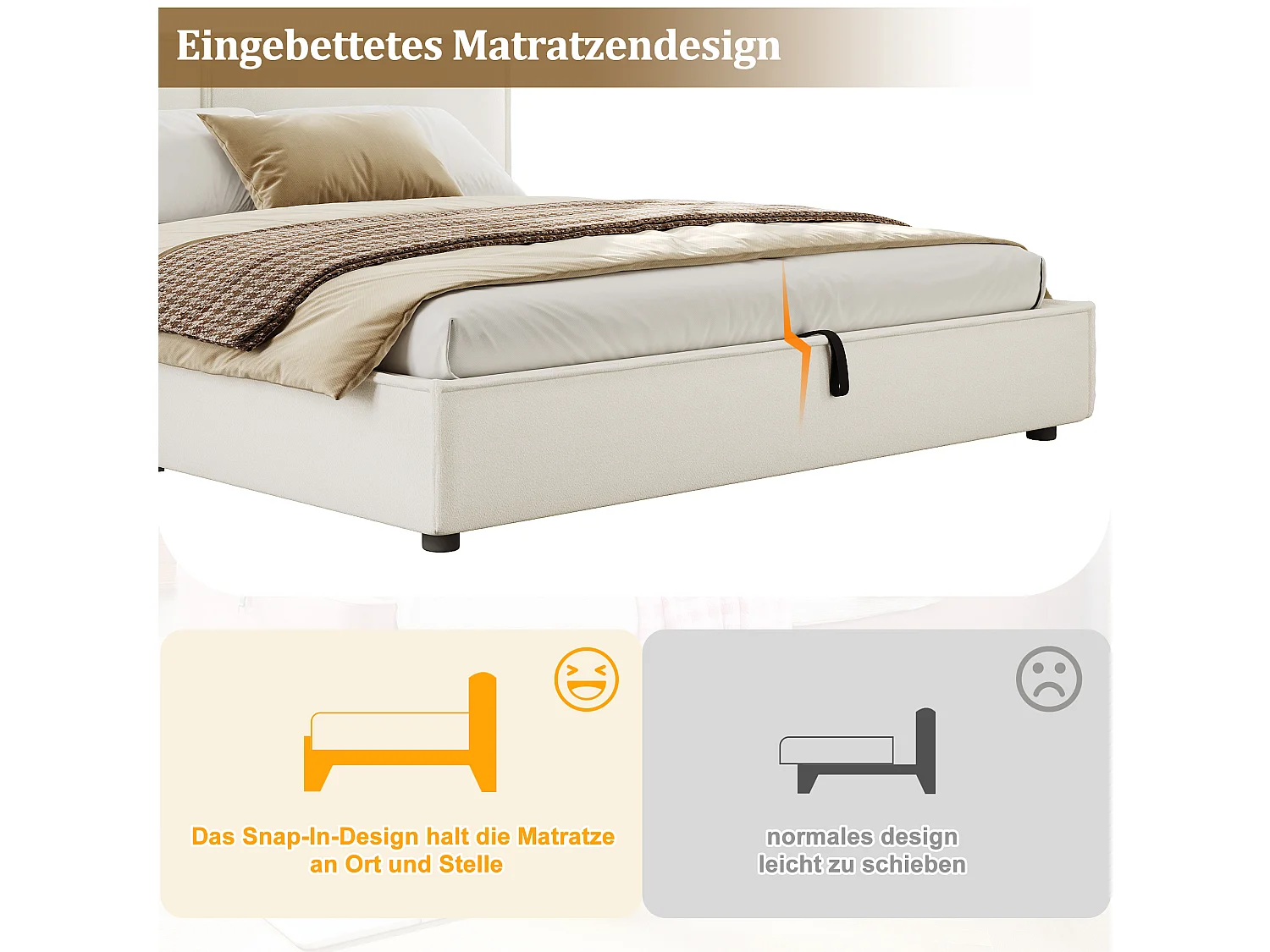 180 x 200 cm Stauraumbett mit hydraulischem Stauraum und gepolstertem Kopfteil - Bouclé - Weiß (Matratze nicht im Lieferumfang enthalten)