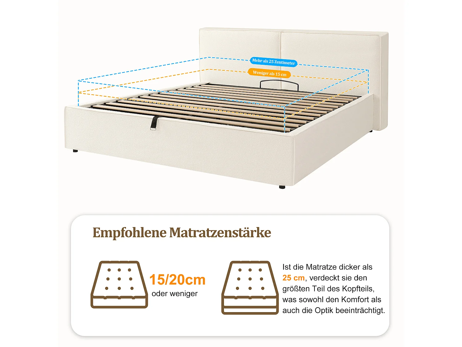 180 x 200 cm Stauraumbett mit hydraulischem Stauraum und gepolstertem Kopfteil - Bouclé - Weiß (Matratze nicht im Lieferumfang enthalten)