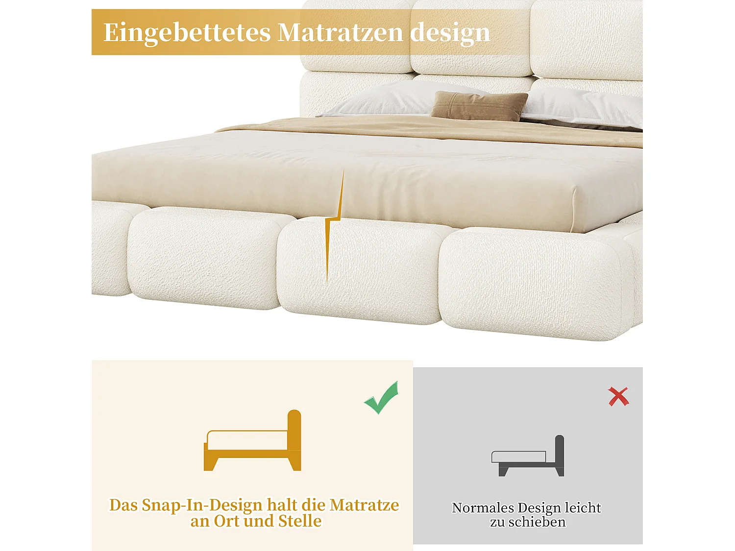 Cama de arrumação 200 x 200 cm com arrumação hidráulica e cabeceira em forma de nuvem - Bouclé - Branca (colchão não incluído)