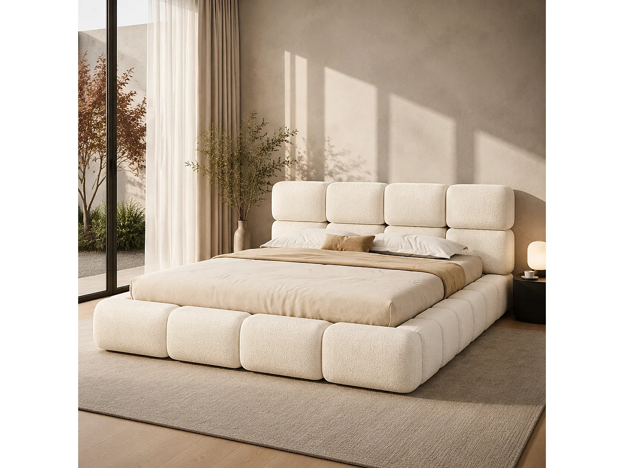 Cama de arrumação 200 x 200 cm com arrumação hidráulica e cabeceira em forma de nuvem - Bouclé - Branca (colchão não incluído)