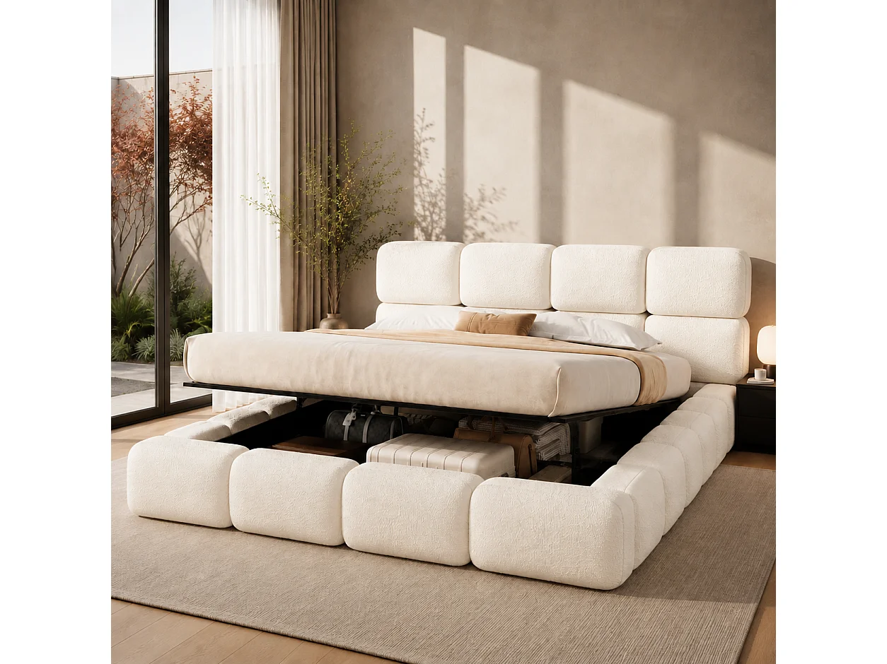 Cama de arrumação 200 x 200 cm com arrumação hidráulica e cabeceira em forma de nuvem - Bouclé - Branca (colchão não incluído)