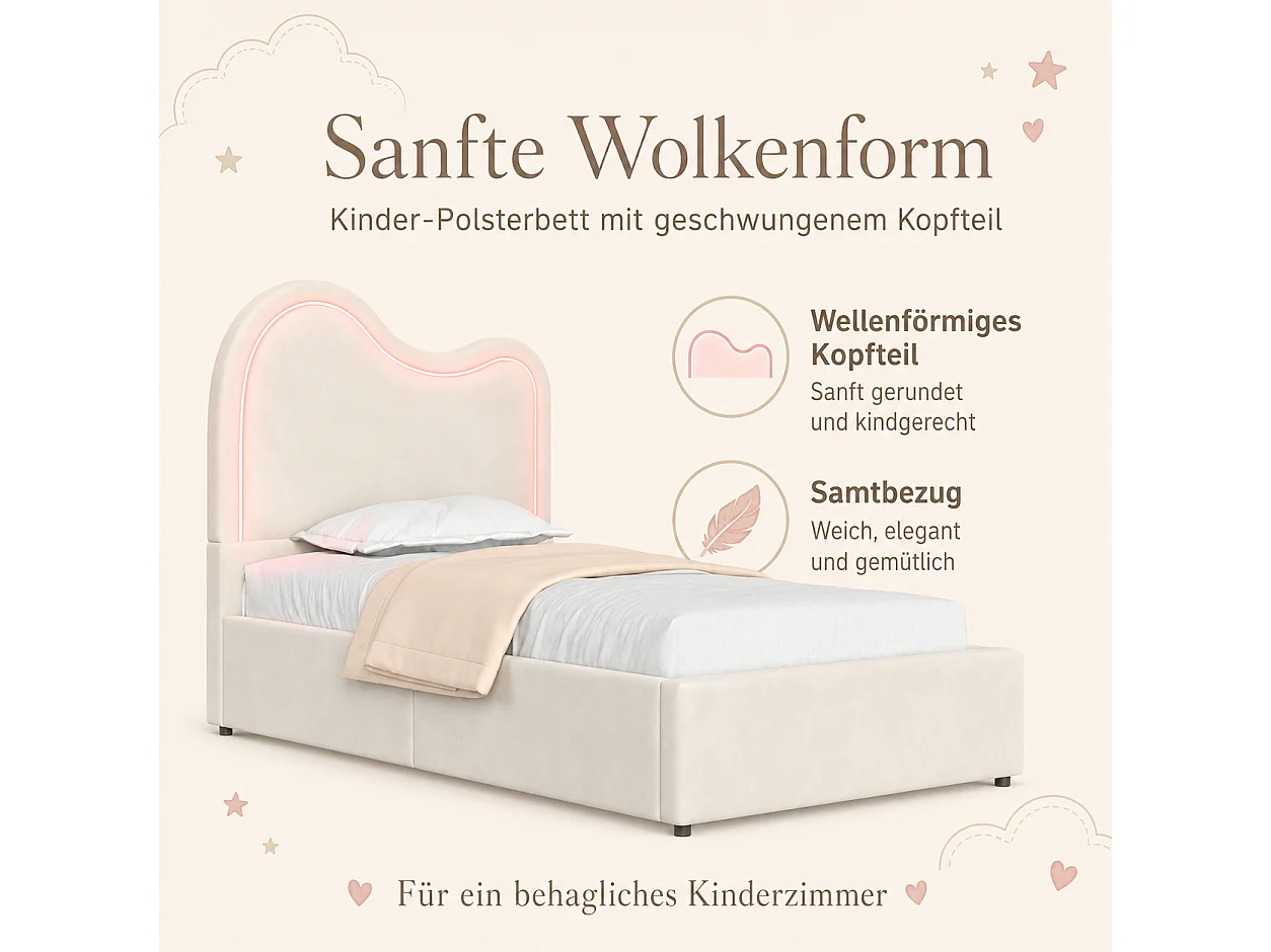 90 x 200 cm Stauraumbett mit hydraulischer Staufunktion und LED-Beleuchtung - Samt - Beige (Matratze nicht im Lieferumfang enthalten)