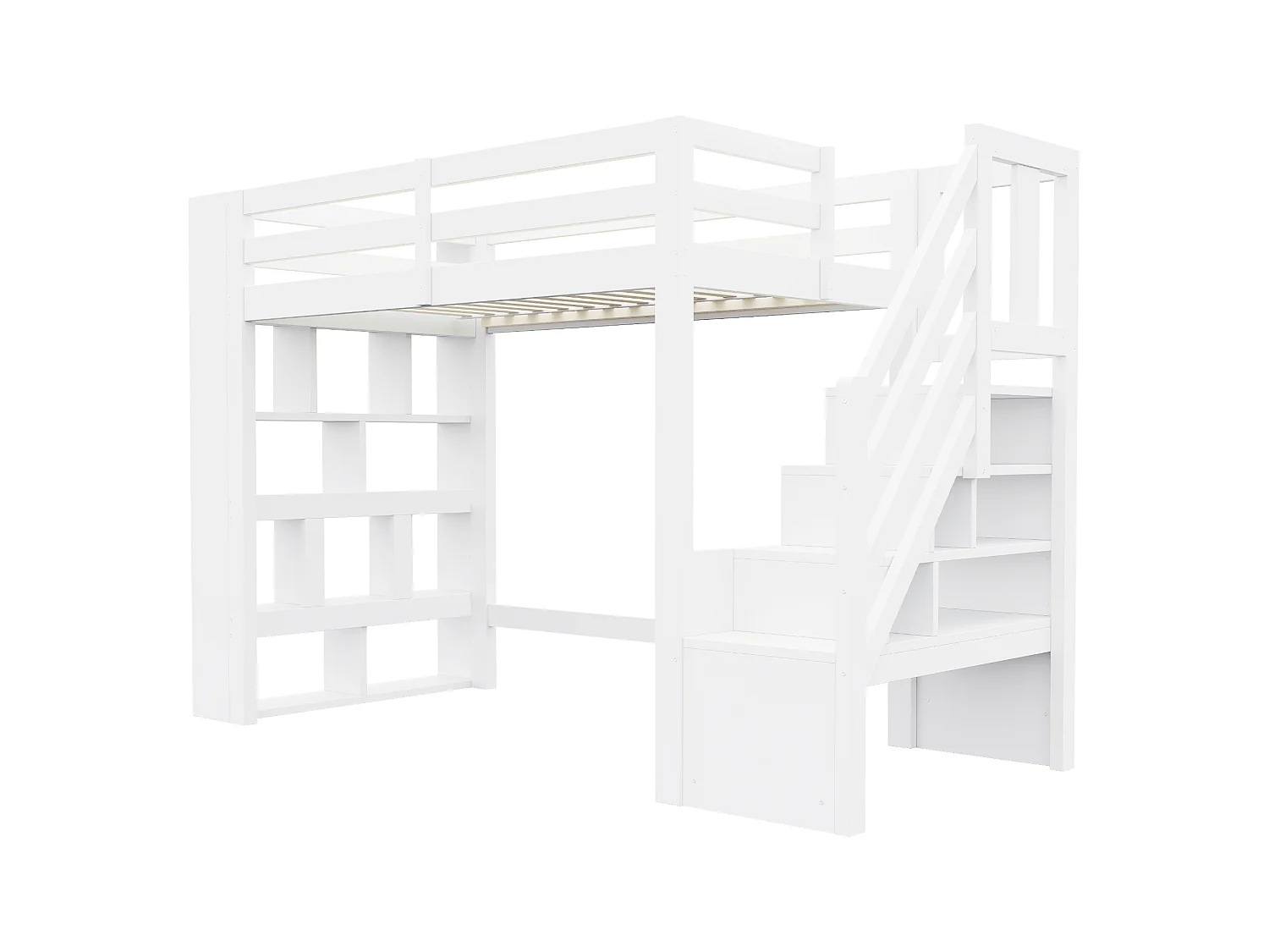 90 x 200 cm loft bed with storage compartments, ladder and LED lighting - Wood - White(without mattress)