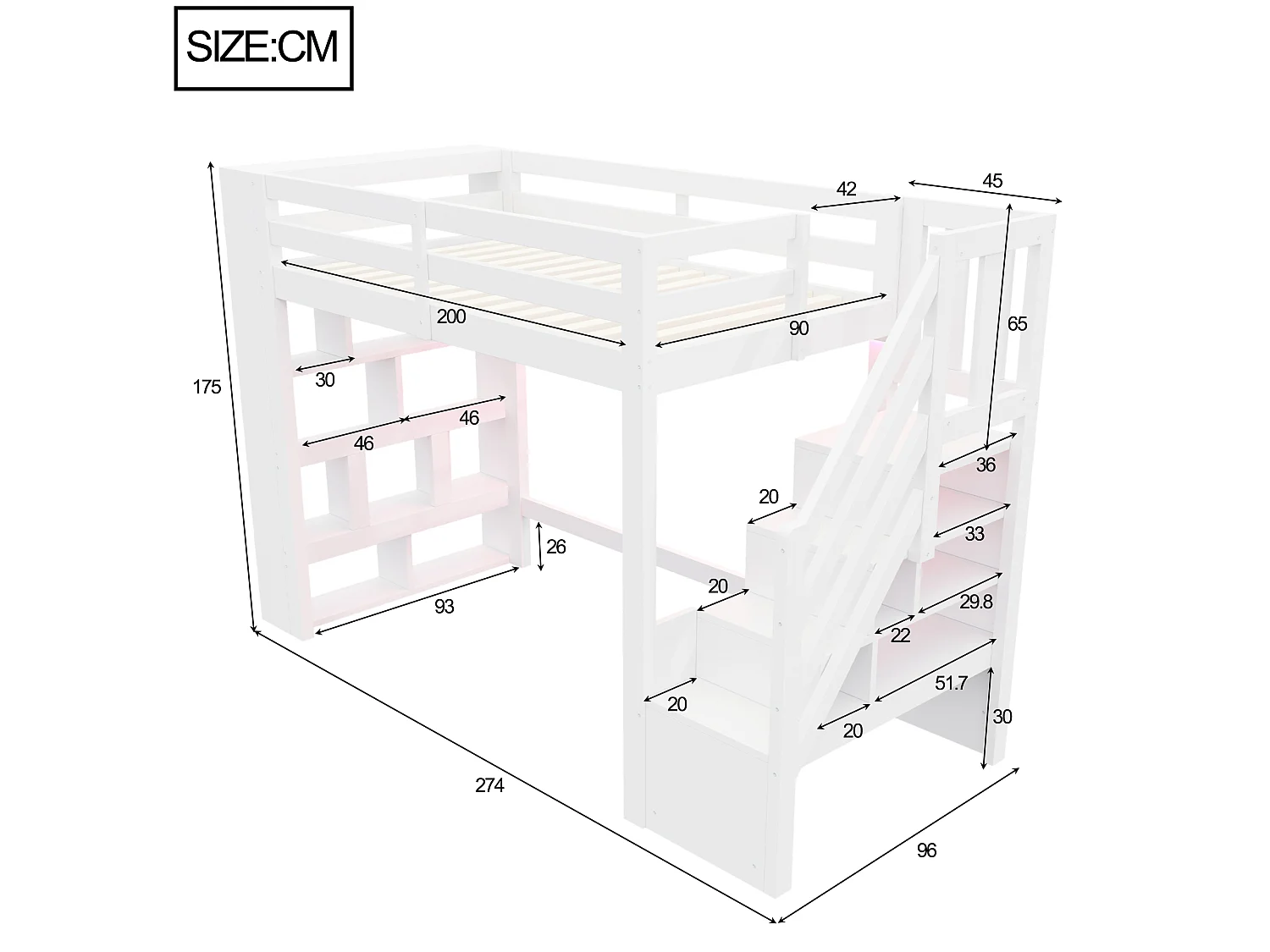 90 x 200 cm loft bed with storage compartments, ladder and LED lighting - Wood - White(without mattress)
