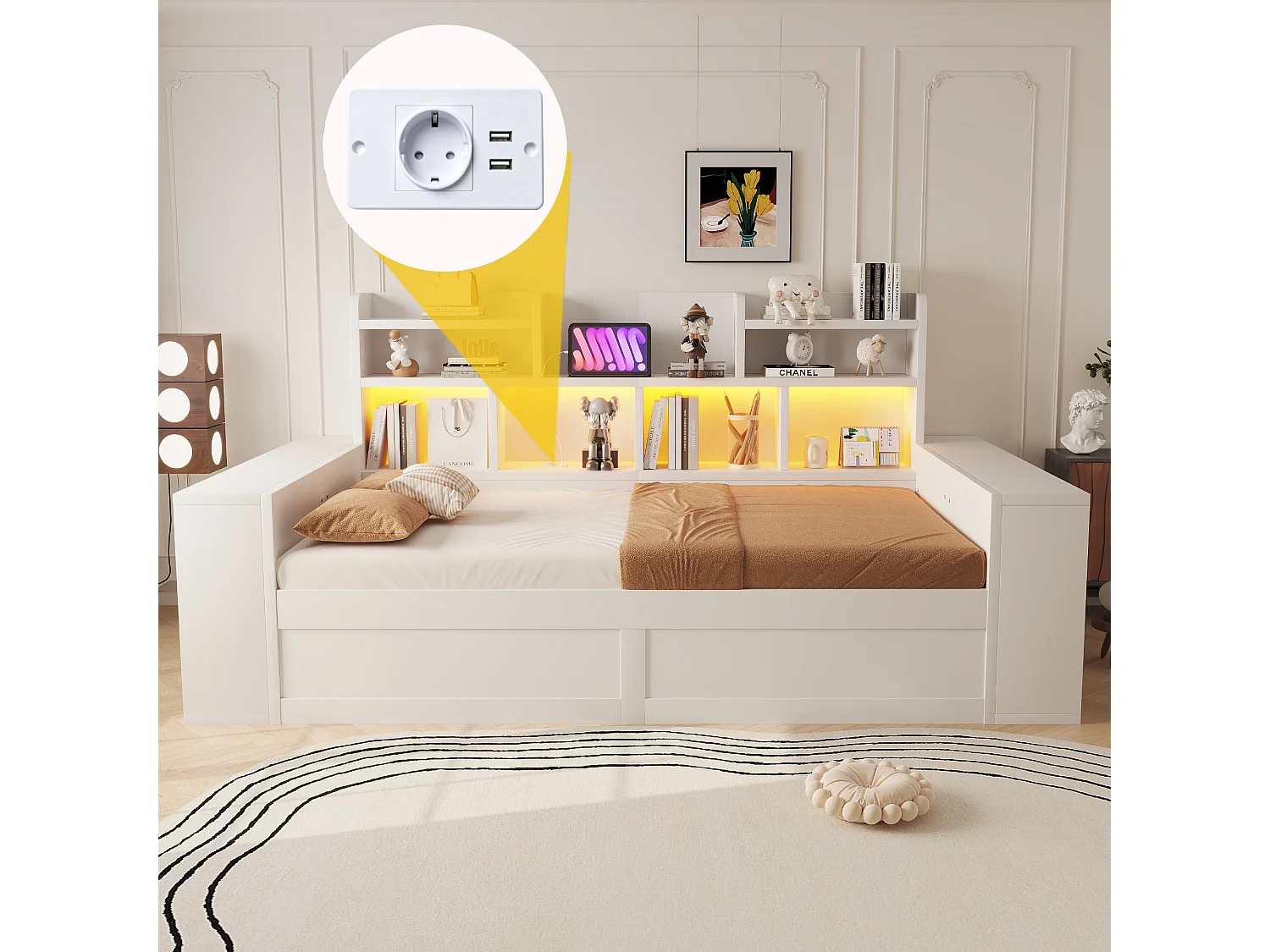 90 x 200 cm Stauraumbett mit Fächern, LED-Beleuchtung und Steckdosen - Sperrholz und MDF - Weiß (Matratze nicht im Lieferumfang enthalten)