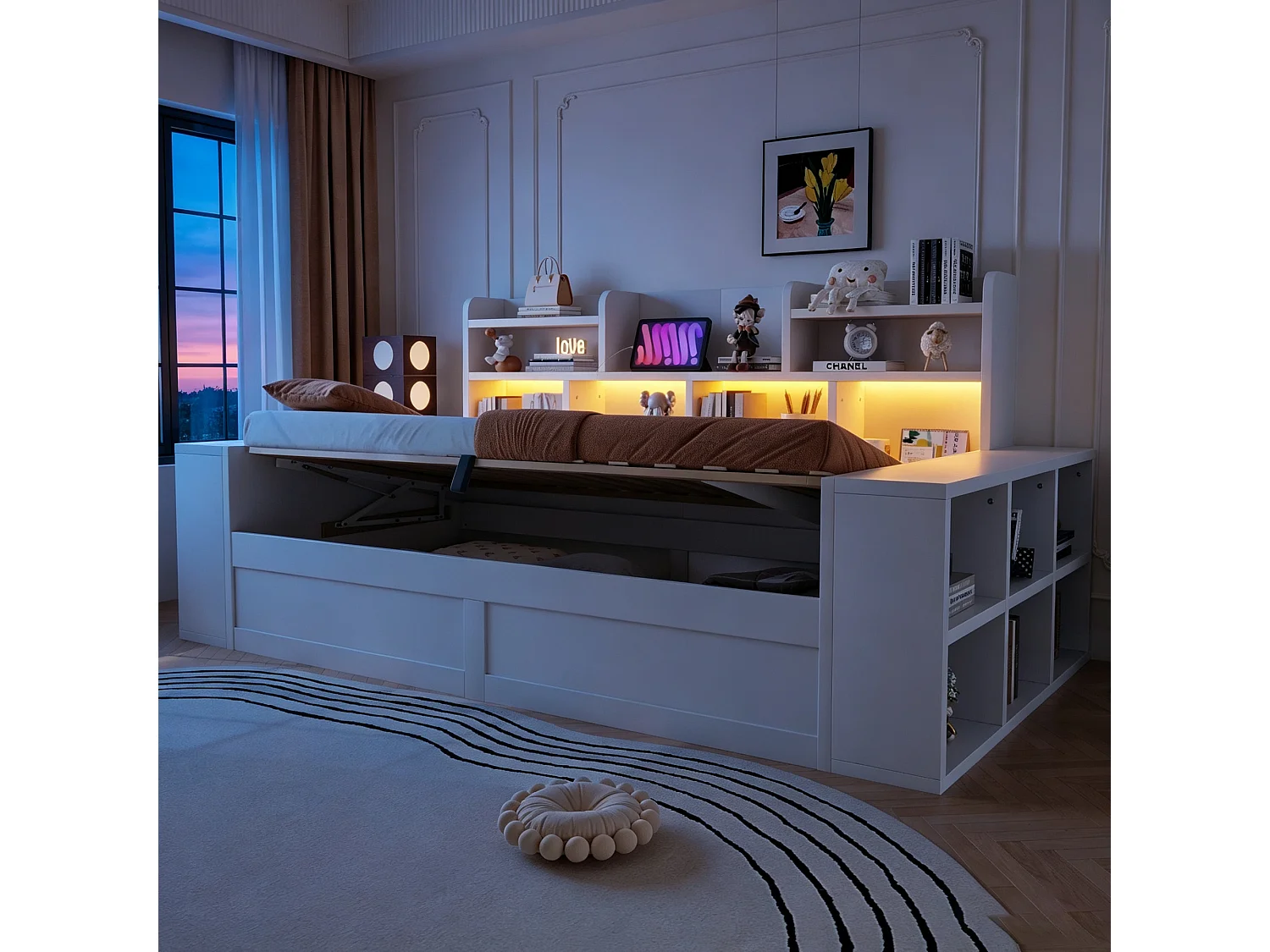 90 x 200 cm Stauraumbett mit Fächern, LED-Beleuchtung und Steckdosen - Sperrholz und MDF - Weiß (Matratze nicht im Lieferumfang enthalten)