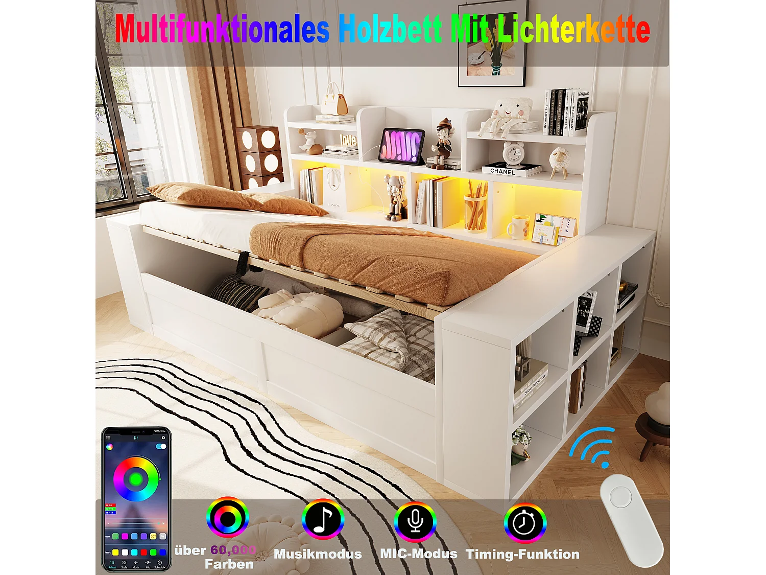 90 x 200 cm Stauraumbett mit Fächern, LED-Beleuchtung und Steckdosen - Sperrholz und MDF - Weiß (Matratze nicht im Lieferumfang enthalten)