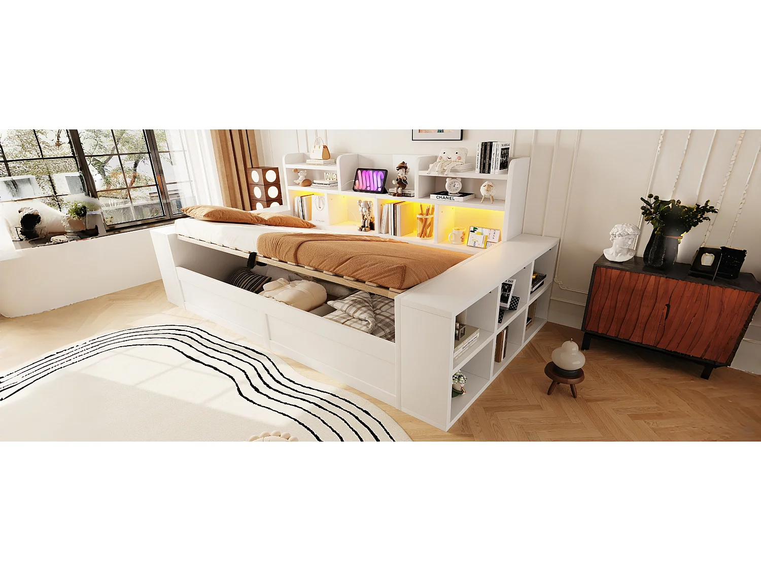 90 x 200 cm Stauraumbett mit Fächern, LED-Beleuchtung und Steckdosen - Sperrholz und MDF - Weiß (Matratze nicht im Lieferumfang enthalten)