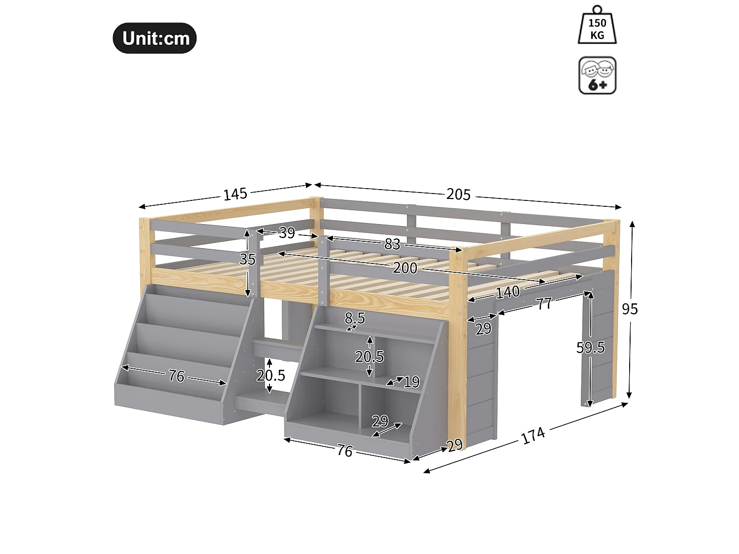 Lit surélevé enfant 140 x 200 cm avec rangements, LED, échelle et barrières de sécurité – Pin et MDF – Gris (Sans matelas)